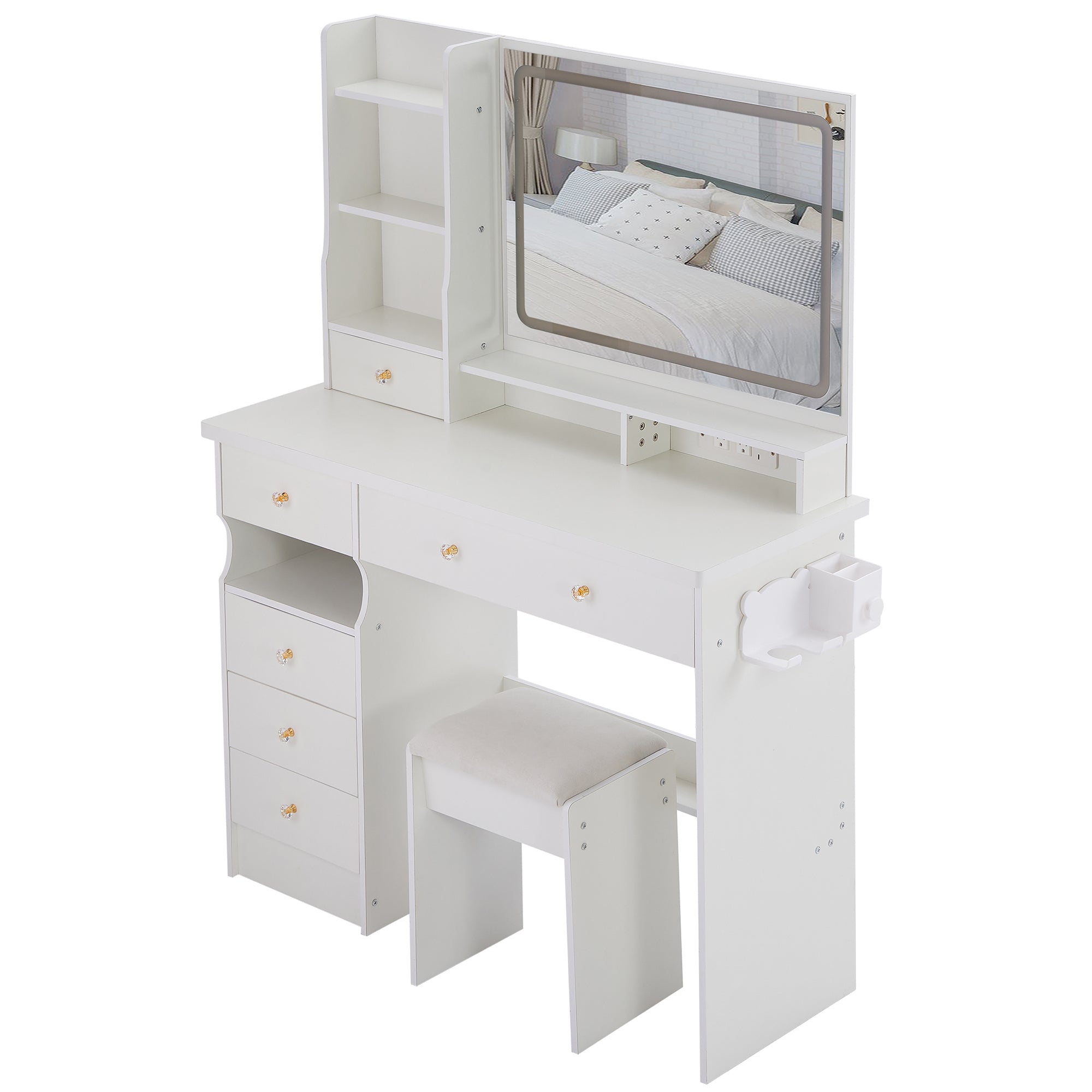 HAOYYE Large Vanity Table Set with LED Mirror, Cushioned Stool, Left Drawer Desktop, Built-in Power Station with 2 AC & 2 USB Ports, Hair Dryer Stand, Touch Control Lighting, Certified by EPA, GCC, and UL