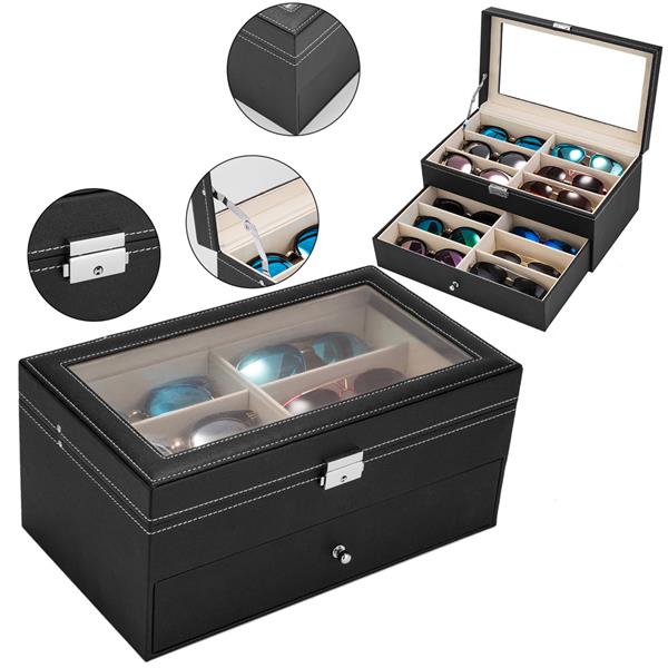 HAOYYE Leather 12-Piece Eyeglasses Storage and Sunglass Display Drawer, Lockable Case Organizer, Black, Premium Quality, Soft Cozy Warm Flannel Fleece Interior, Luxury Comfortable Unique Design, Ideal for Home Decor, Glasses Protection, and Organization