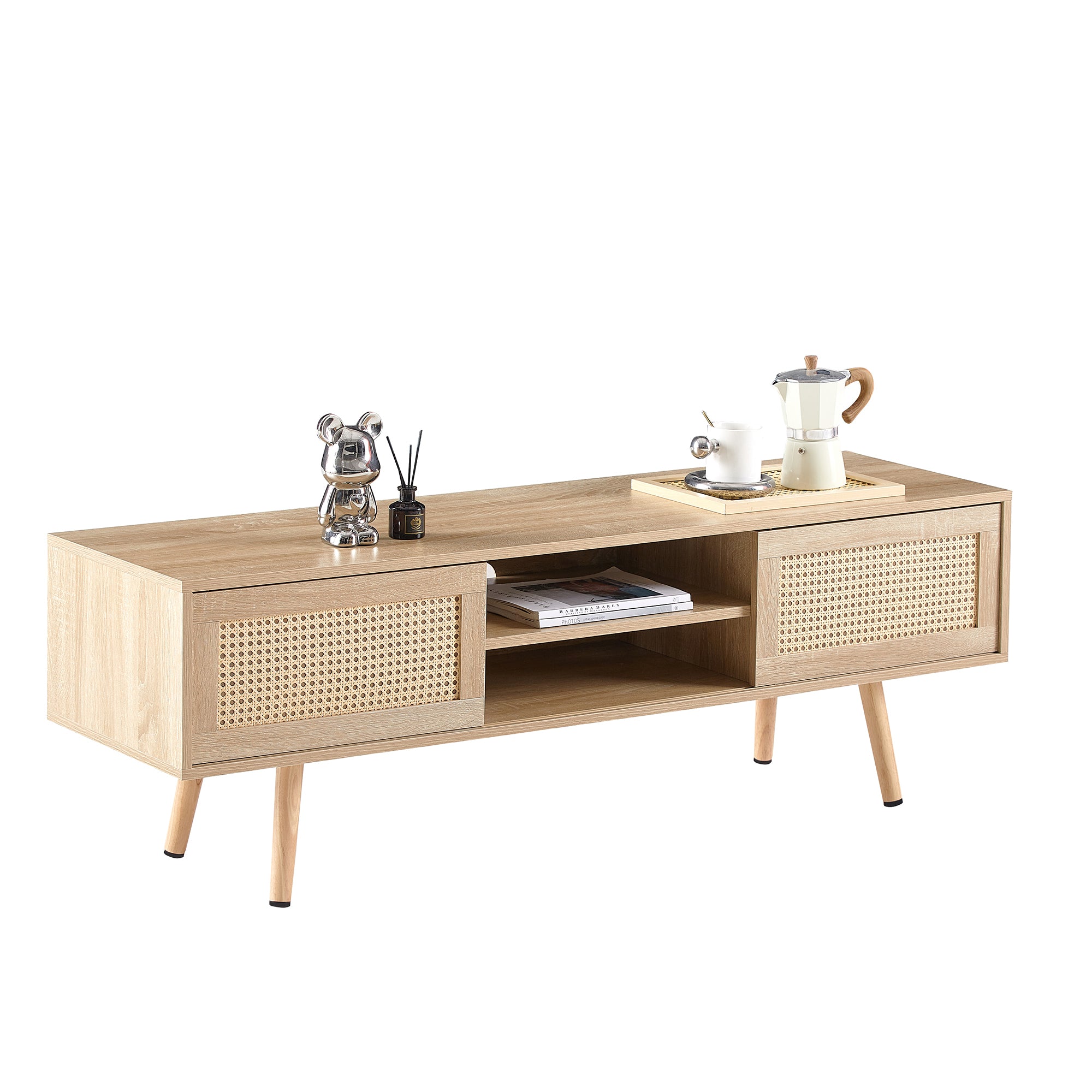 HAOYYE 55.12" Rattan TV cabinet, double sliding doors for storage, adjustable shelf, solid wood legs, TV console for living room ,natural Sturdy Space-Saving Heavy Duty Modern Design Adults Dorm Room