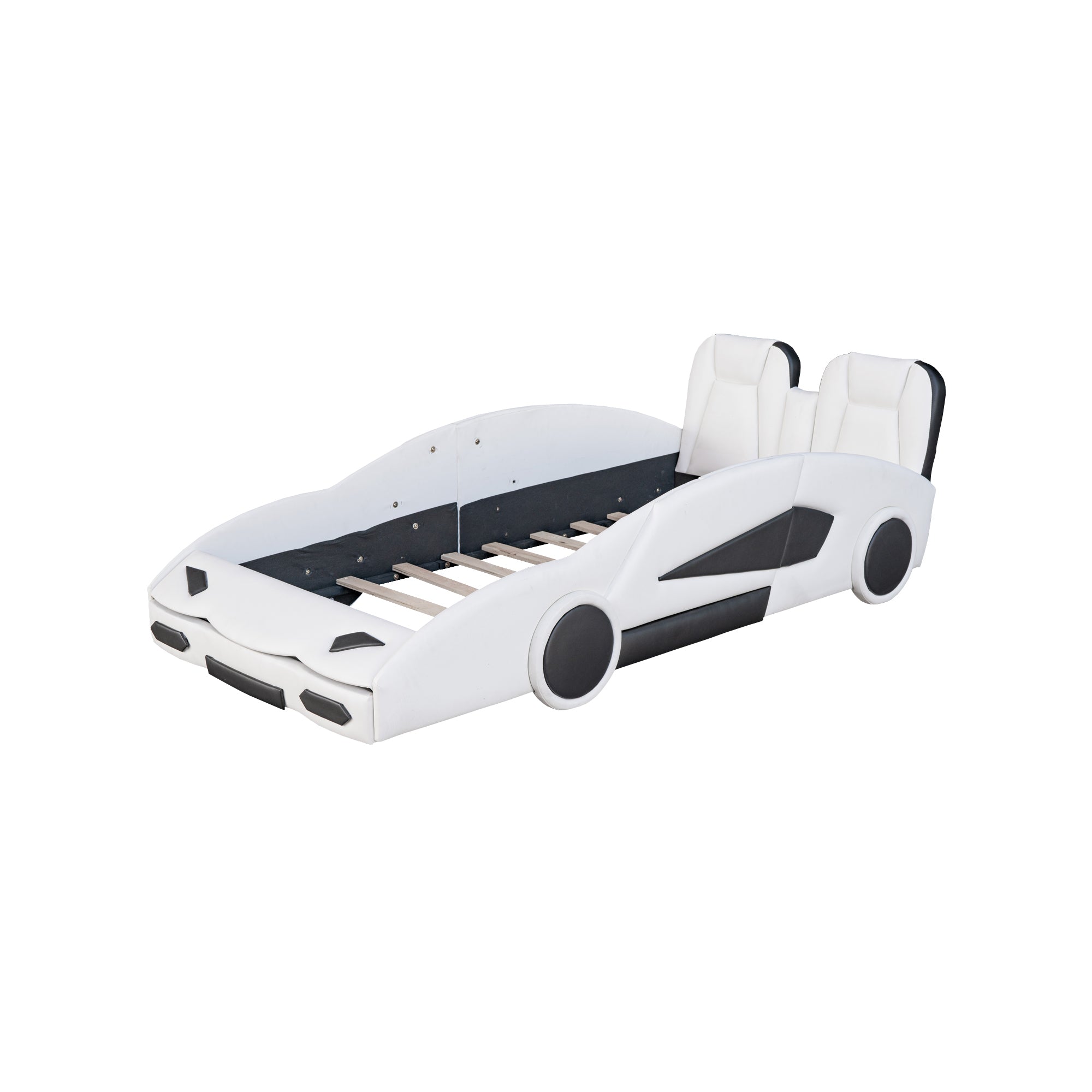 HAOYYE Twin Size Race Car-Shaped Platform Bed with Wheels, White Sturdy Space-Saving Heavy Duty Modern Design Adults Dorm Room Easy Assembly Bedroom Furniture