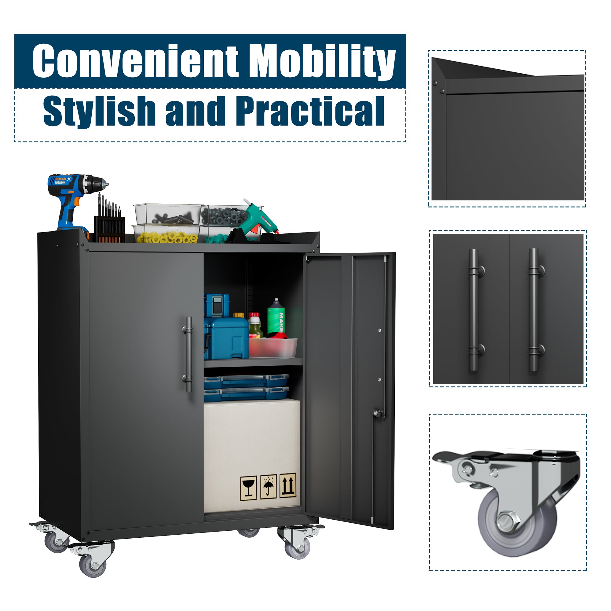 HAOYYE 2 Door Tool Cabinets for Garage, Lockable Garage Storage Cabinet, Locking Metal Storage Cabinet with Wheels, Rolling Tool Chest, Assembly Required H34*W30.3*D18 Sturdy Space-Saving Heavy Duty