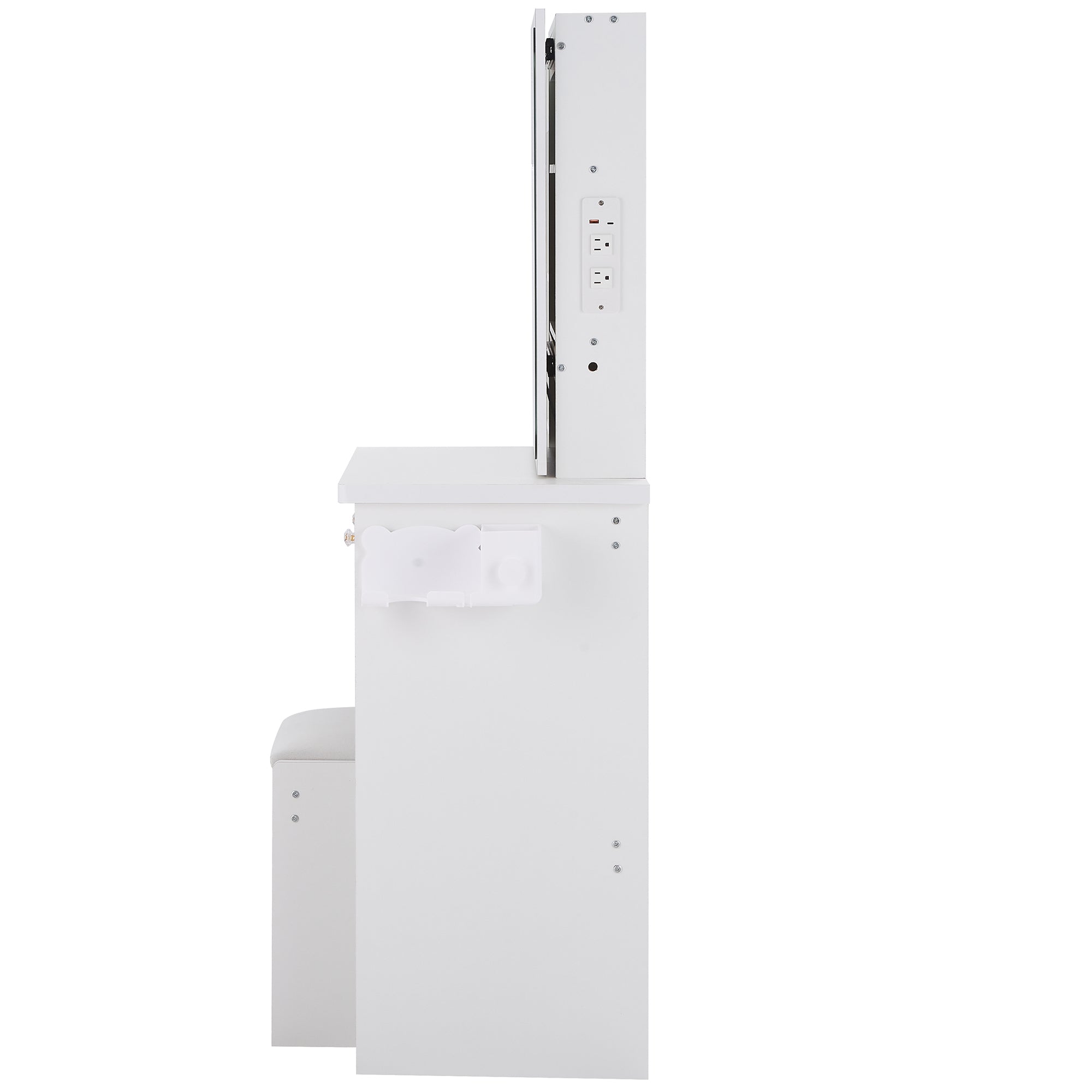 HAOYYE 37" Middle Size Left Bedside Cabinet Vanity Table + Cushioned Stool Dresser Set, 2 AC+2 USB Socket, Hair Dryer Stand, Large Touch Control LED Sliding Mirror, 3-color Switch, EPA, GCC, UL Certificate
