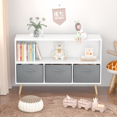 HAOYYE Bookcase with Collapsible Fabric Drawers, Book Display and Toy Storage Cabinet Organizer, White/Gray, Sturdy Space-Saving Design, Heavy Duty Construction, Easy Assembly, Durable and Stylish Home Furniture