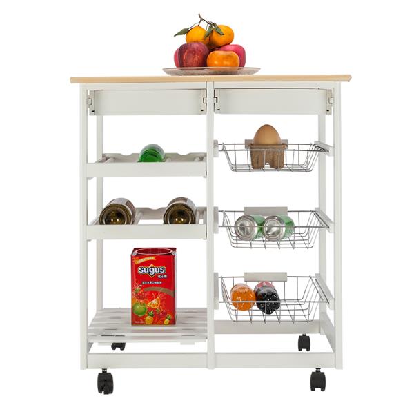 HAOYYE Moveable Kitchen Island Cart with Two Drawers, Three Metal Baskets, and Two Wine Racks, Sturdy Durable Rolling Storage Cart with White Pine Frame, Easy Assembly, Space-Saving, Ideal for Home Kitchens or Dining Rooms