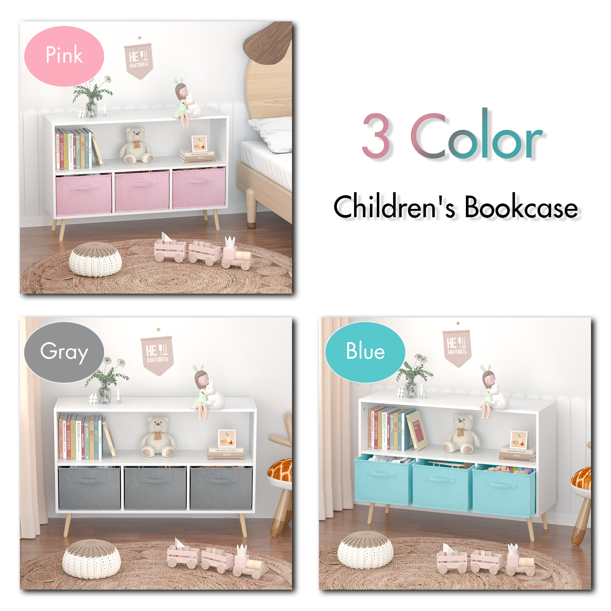 HAOYYE Bookcase with Collapsible Fabric Drawers, Book Display and Toy Storage Cabinet Organizer, White/Gray, Sturdy Space-Saving Design, Heavy Duty Construction, Easy Assembly, Durable and Stylish Home Furniture