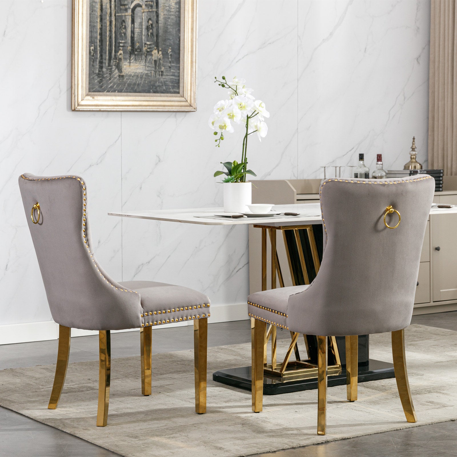 HAOYYE High-end Tufted Solid Wood Contemporary Velvet Upholstered Dining Chair with Golden Stainless Steel Plating Legs,Nailhead Trim,Set of 2,Gray and Gold, SW1601GY Sturdy Durable