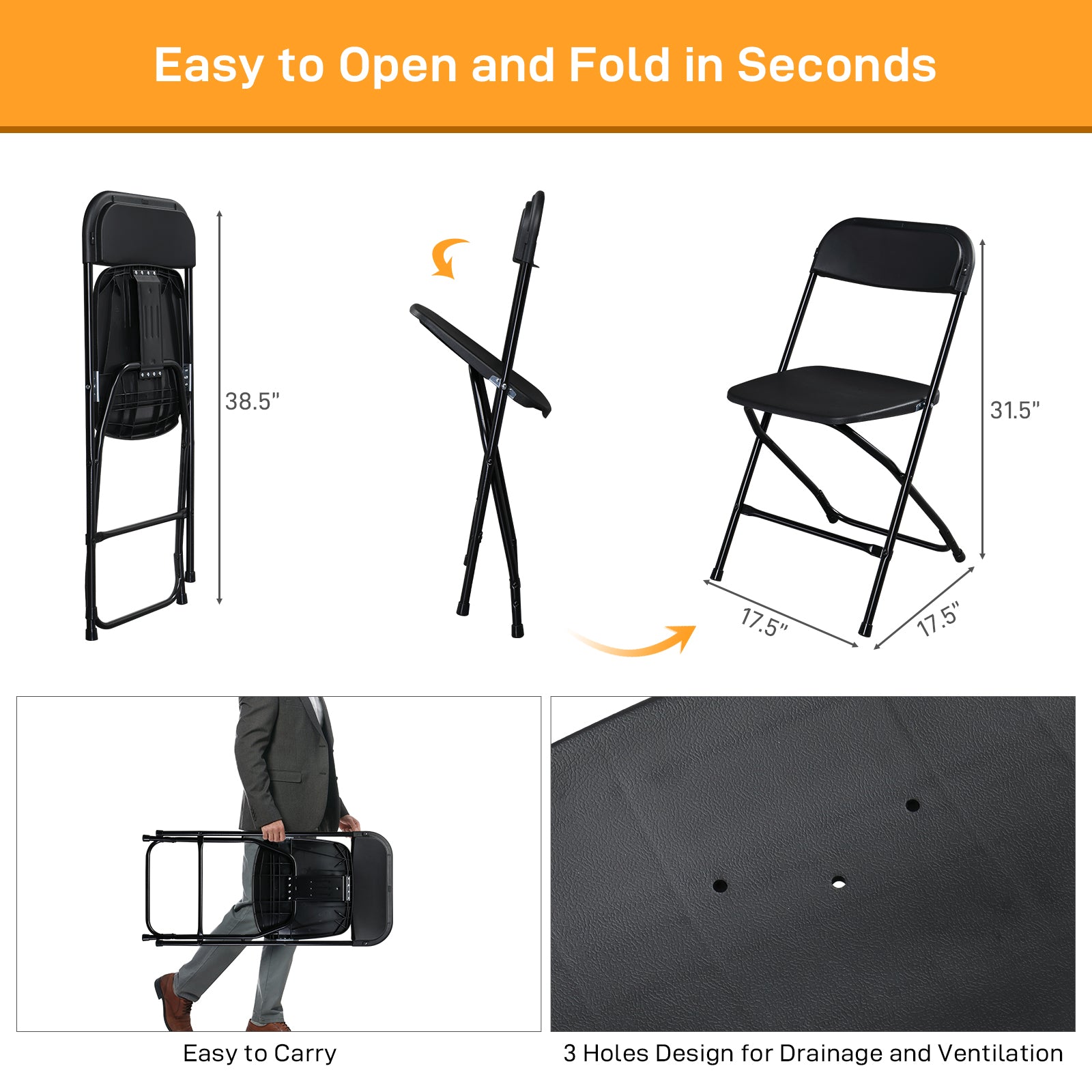 HAOYYE 10pcs Plastic Folding Chairs Black – Heavy Duty Durable Garden Chairs with Metal Frame, Portable and Lightweight for Indoor Outdoor Events, Parties, Office, Church, Picnic Seating