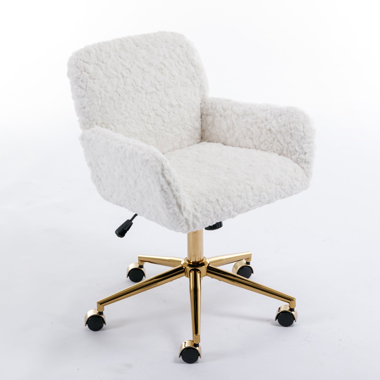 HAOYYE Artificial Rabbit Hair Home Office Chair With Golden Metal Base, Adjustable Swivel Desk Chair, Modern Beige Vanity Chair, Sturdy Space-Saving Heavy Duty Design
