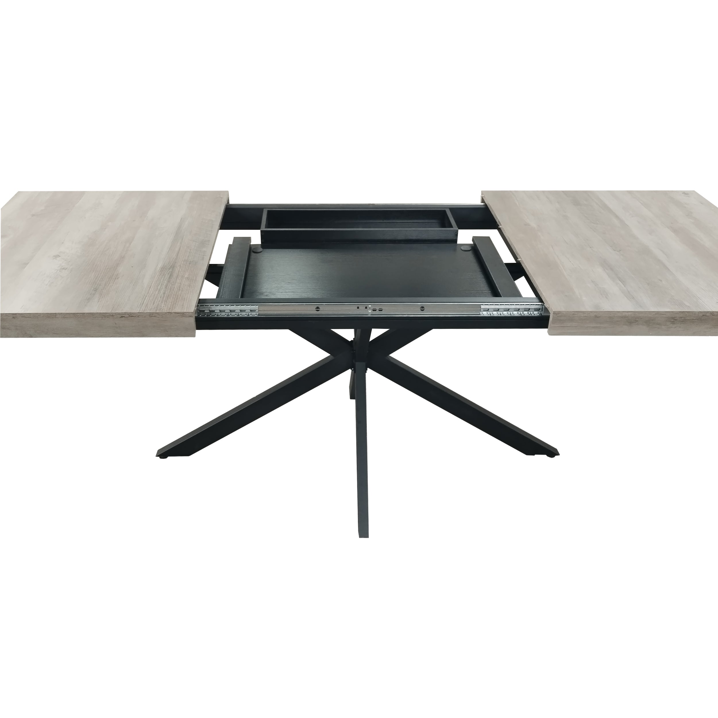 HAOYYE Retro Rectangular Extendable Dining Table, Gray Carole Top with Black Embossed Center Plate, Sturdy Black Cross Iron Base, Modern Dining Table with Built-in Storage Box, Space-Saving Design for Dining Room, Kitchen, and Apartment, Easy Assembly