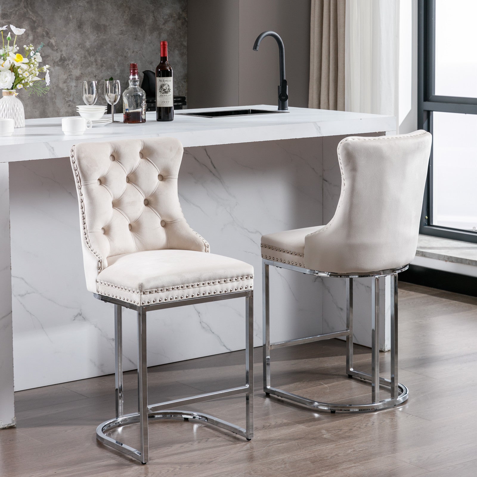 HAOYYE 26" Counter Height Bar Stools Set of 2, Modern Velvet Barstools with Button Back&Rivet Trim Upholstered Kitchen Island Chairs with Sturdy Chromed Metal Base Legs Farmhouse Bar Stools, (Beige,2 Pack)