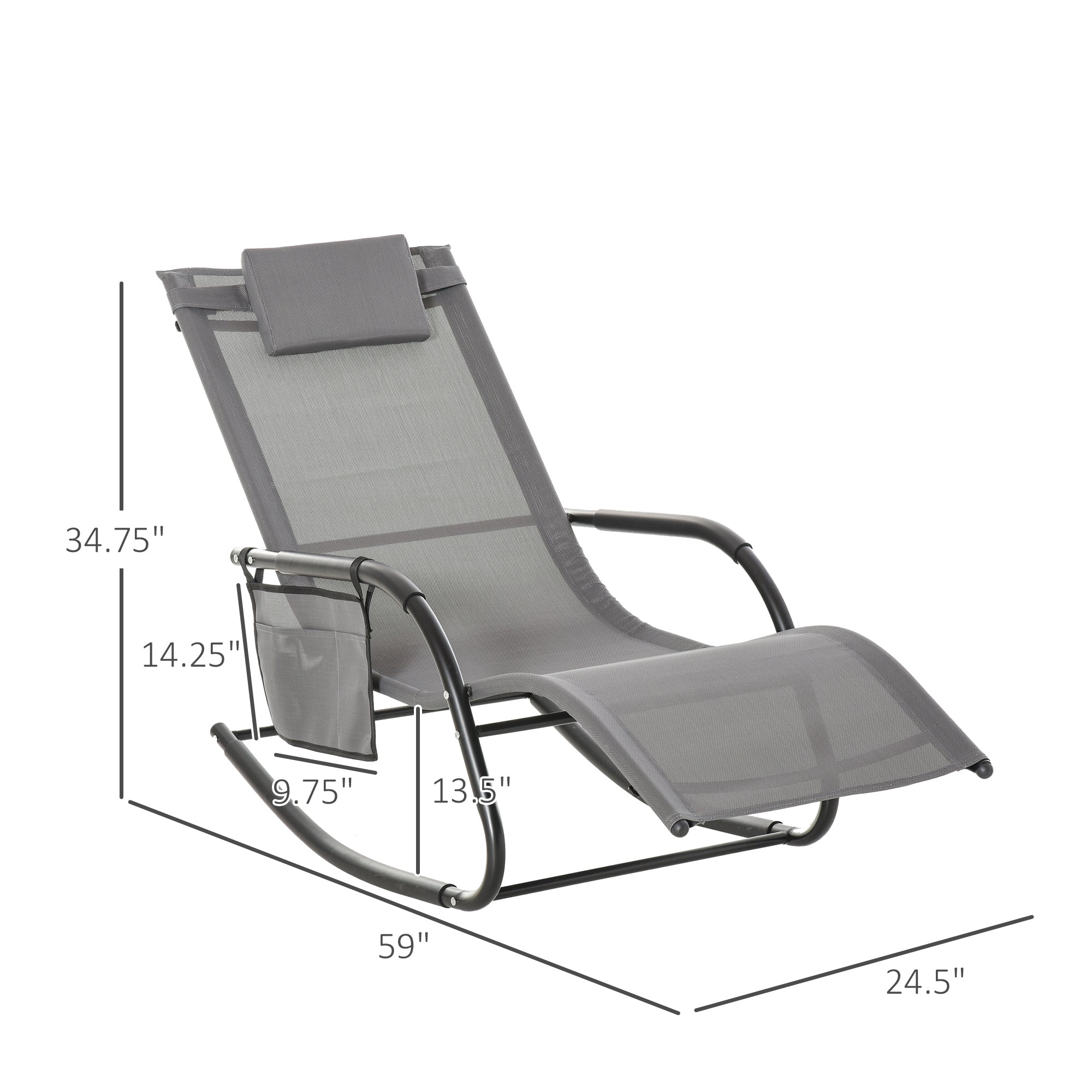 HAOYYE Gray Outdoor Rocking Chair With Breathable Mesh Fabric, Soft Padded Headrest And Armrests, Removable Side Pocket, Rubber Feet For Surface Protection, Sturdy Steel Frame Supports Up To 264 Lbs, Ideal For Patio, Backyard, Or Poolside Relaxation