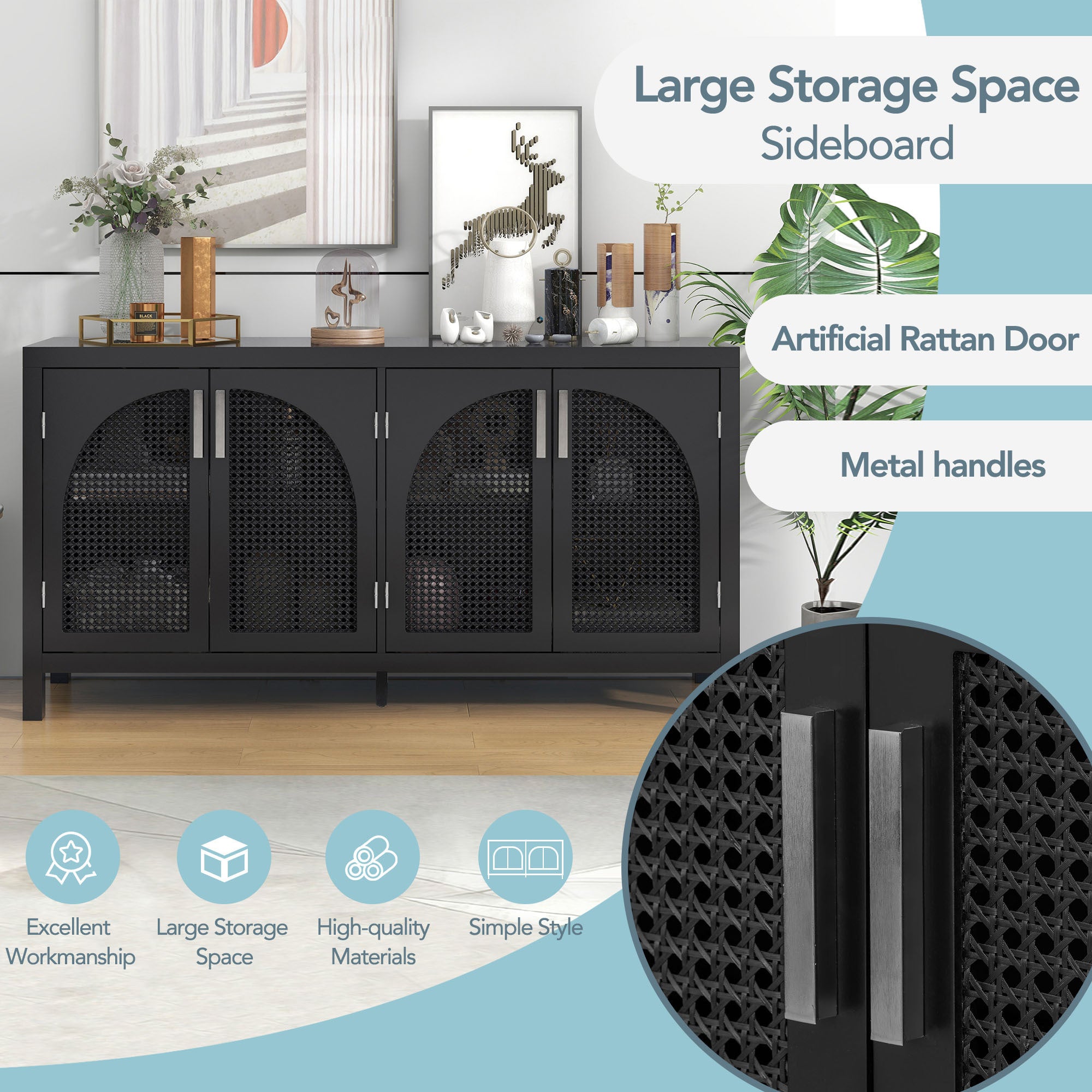 HAOYYE Large Storage Space Sideboard with Artificial Rattan Door and Metal Handles for Living Room and Entryway (Black) Sturdy Space-Saving Heavy Duty Modern Design Adults Dorm Room Easy Assembly