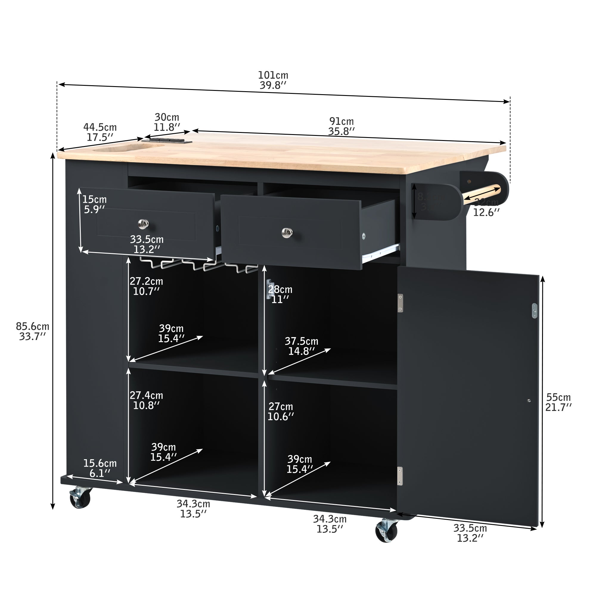 HAOYYE Kitchen Island with Power Outlet, Drop Leaf, Rubber Wood Top, Wine Rack, and Adjustable Storage. Black Kitchen Storage Island on Wheels, Ideal for Home, Kitchen, and Dining Room