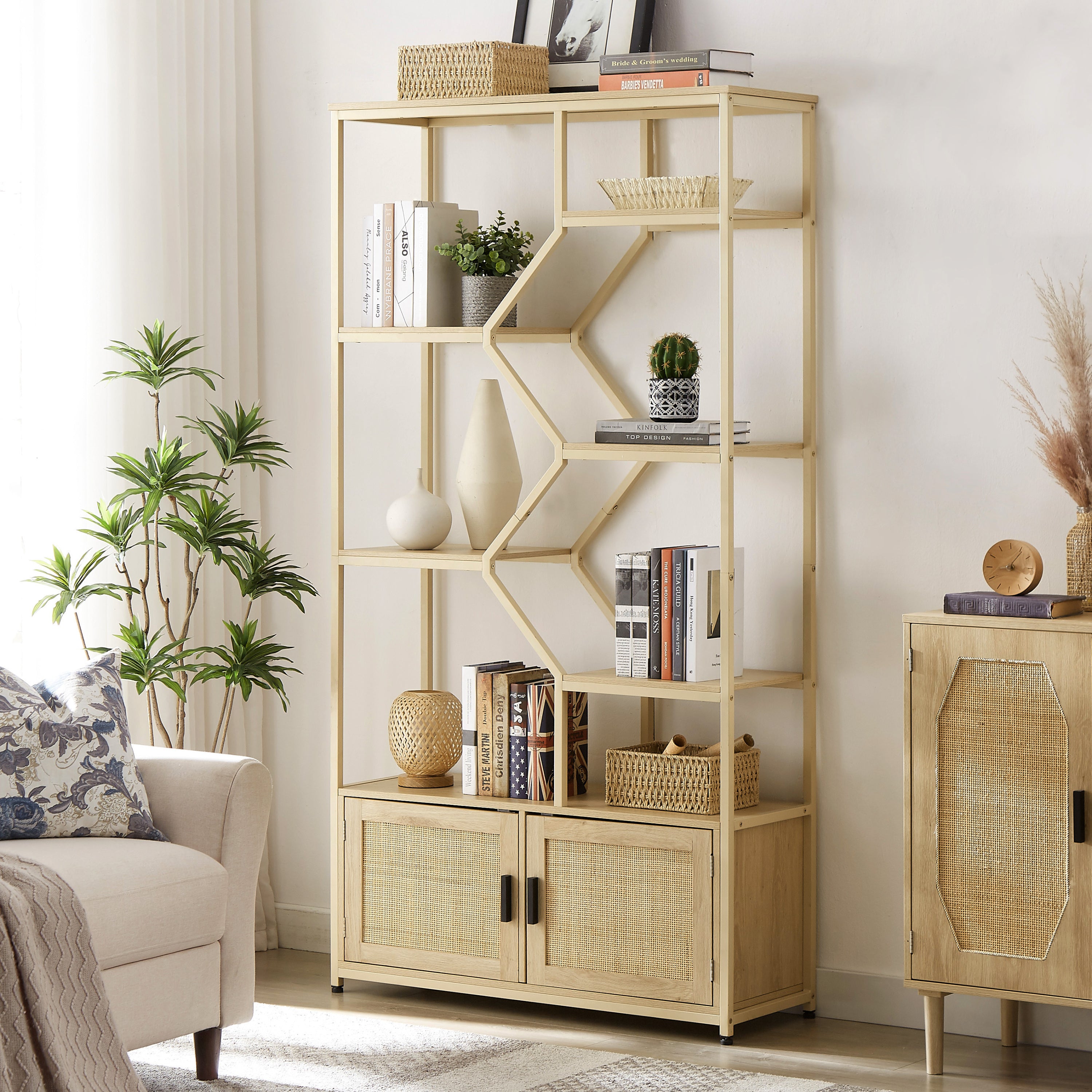 HAOYYE Rattan bookshelf 7 tiers Bookcases Storage Rack with cabinet for Living Room Home Office, Natural, 39.4'' W x 13.8'' D x 75.6'' H. Sturdy Space-Saving Heavy Duty Modern Design Adults Dorm Room