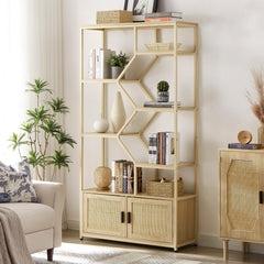 HAOYYE Rattan bookshelf 7 tiers Bookcases Storage Rack with cabinet for Living Room Home Office, Natural, 39.4'' W x 13.8'' D x 75.6'' H. Sturdy Space-Saving Heavy Duty Modern Design Adults Dorm Room