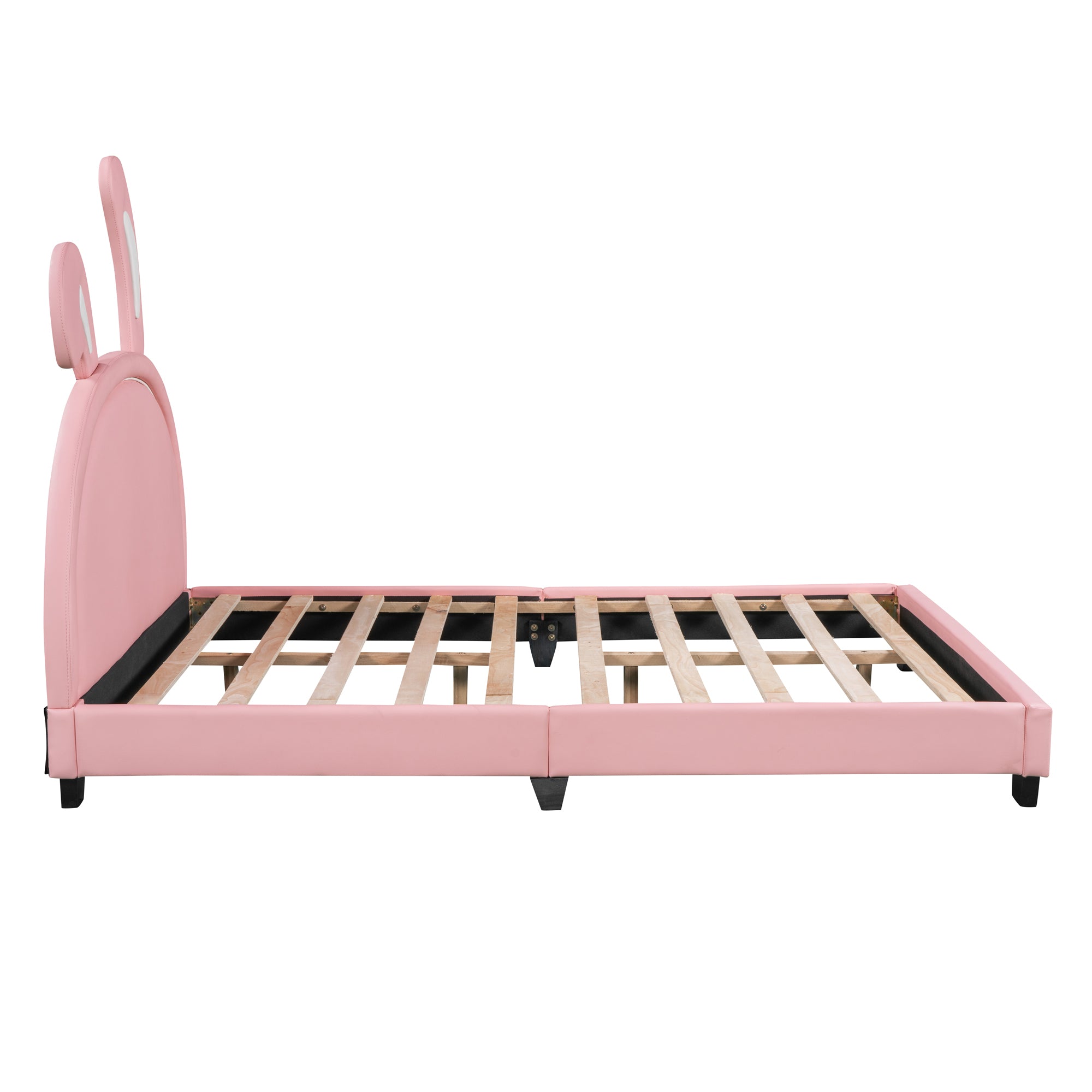 HAOYYE Full Size Upholstered Leather Platform Bed with Rabbit Ornament, Pink Sturdy Space-Saving Heavy Duty Modern Design Adults Dorm Room Easy Assembly Bedroom Furniture