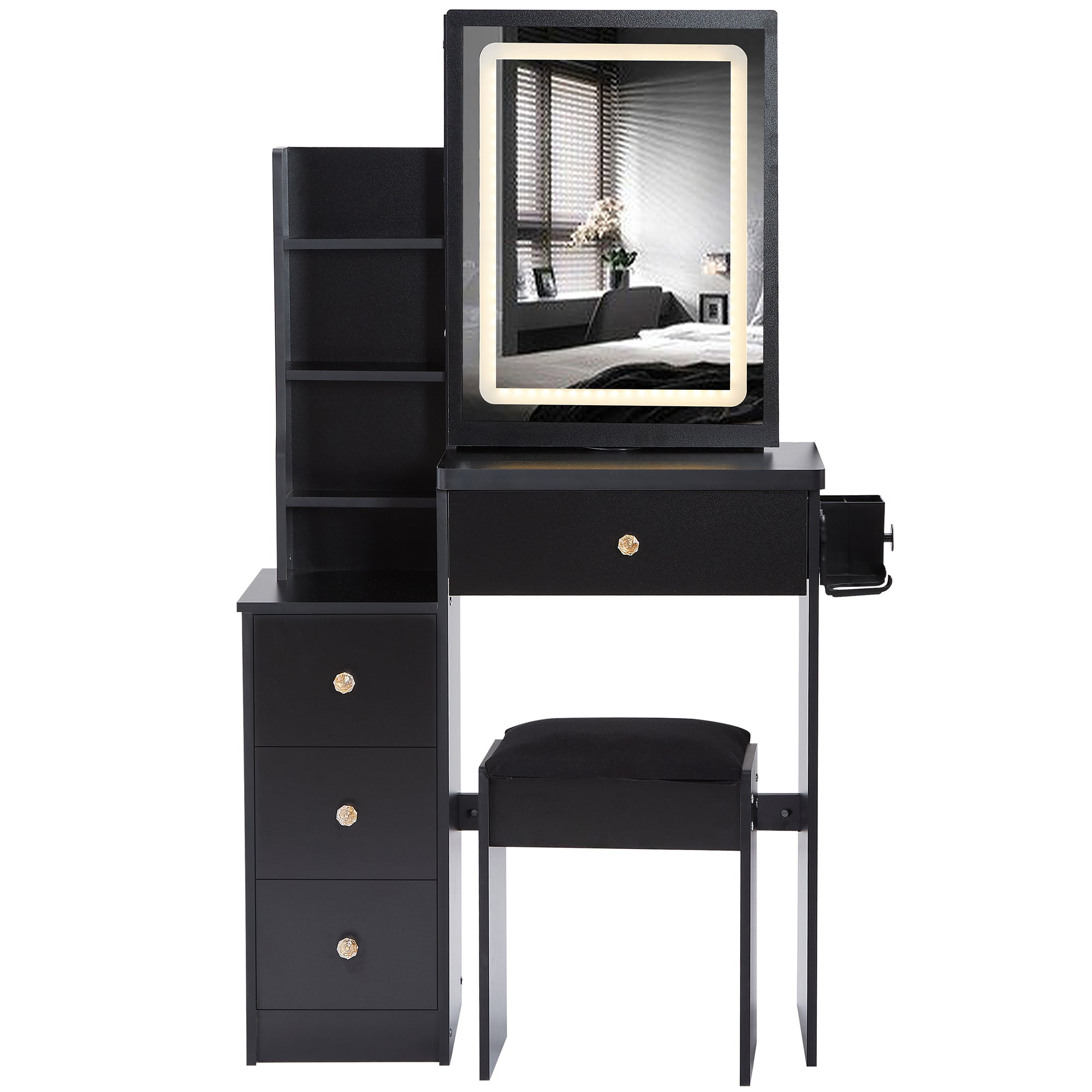 HAOYYE Small Size Left Bedside Cabinet Vanity Table + Cushioned Stool, 2 AC+2 USB Power Station, Hair dryer bracket, Extra Large Touch Control Sliding LED Mirror, Tri-color Switching, EPA,GCC,UL Certificate