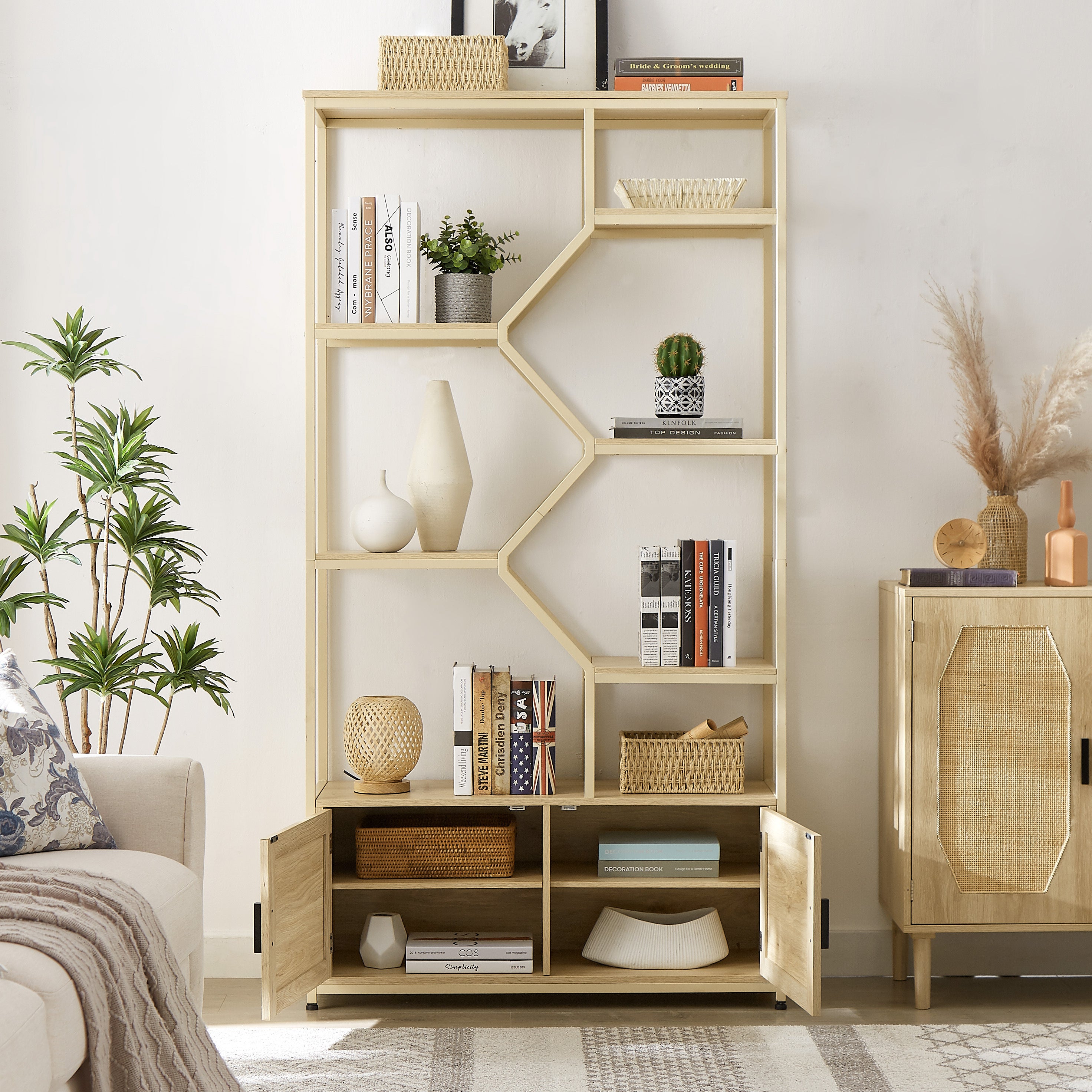 HAOYYE Rattan bookshelf 7 tiers Bookcases Storage Rack with cabinet for Living Room Home Office, Natural, 39.4'' W x 13.8'' D x 75.6'' H. Sturdy Space-Saving Heavy Duty Modern Design Adults Dorm Room