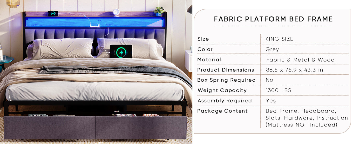 HAOYYE King Bed Frame with Storage Headboard, Drawers, LED Lighting, and Built-in Charging Station, Modern Upholstered Platform Design, Sturdy Space-Saving Grey Construction, No Box Spring Needed, Easy Assembly