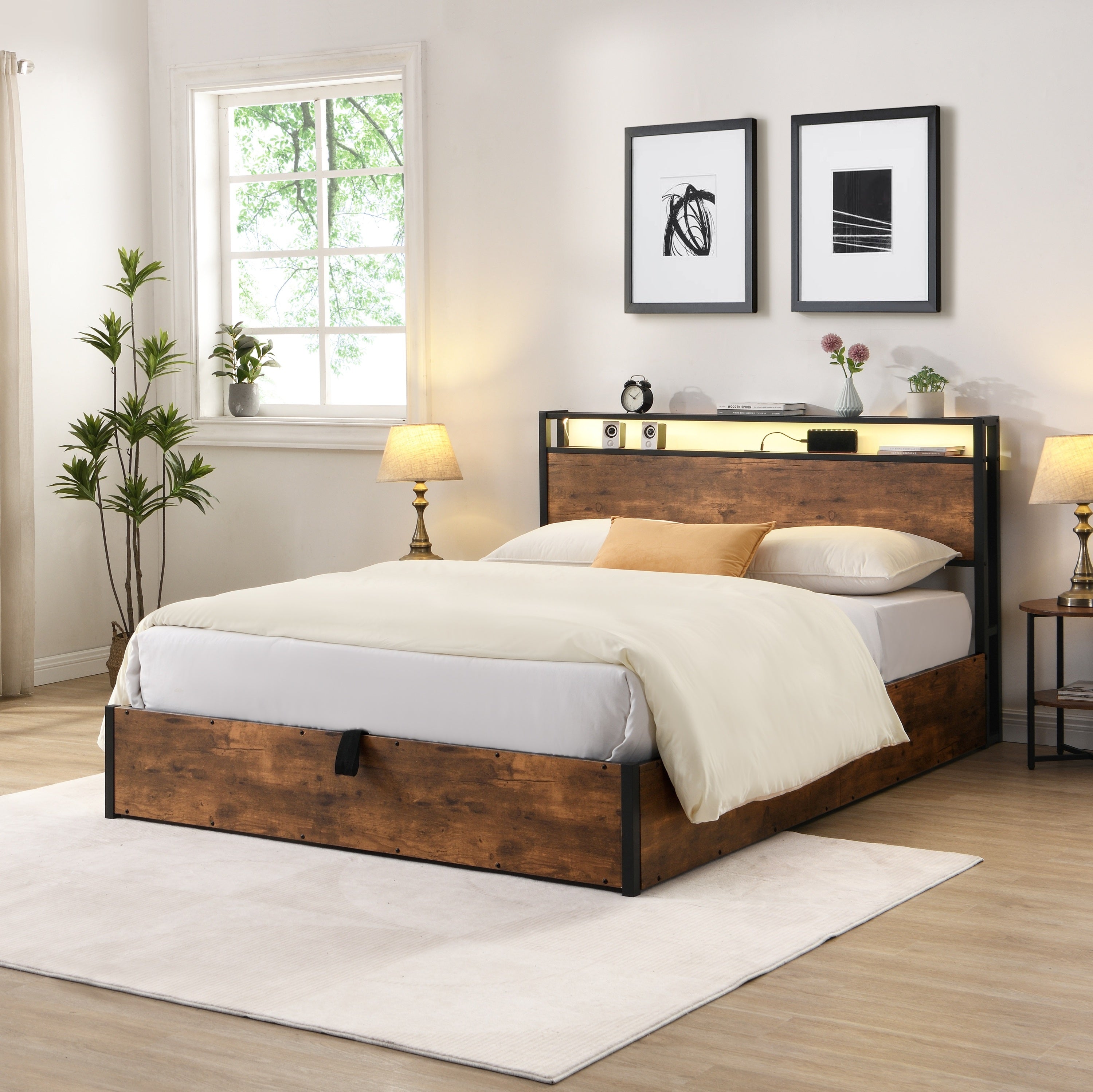 HAOYYE Lift-up Storage Bed Frame, Queen Size Bed Frame with Bookcase Headboard & LED Lights, Wooden Platform Bed Frame with Charging Station, No Spring Box Needed, Rustic Brown Sturdy Space-Saving Heavy Duty