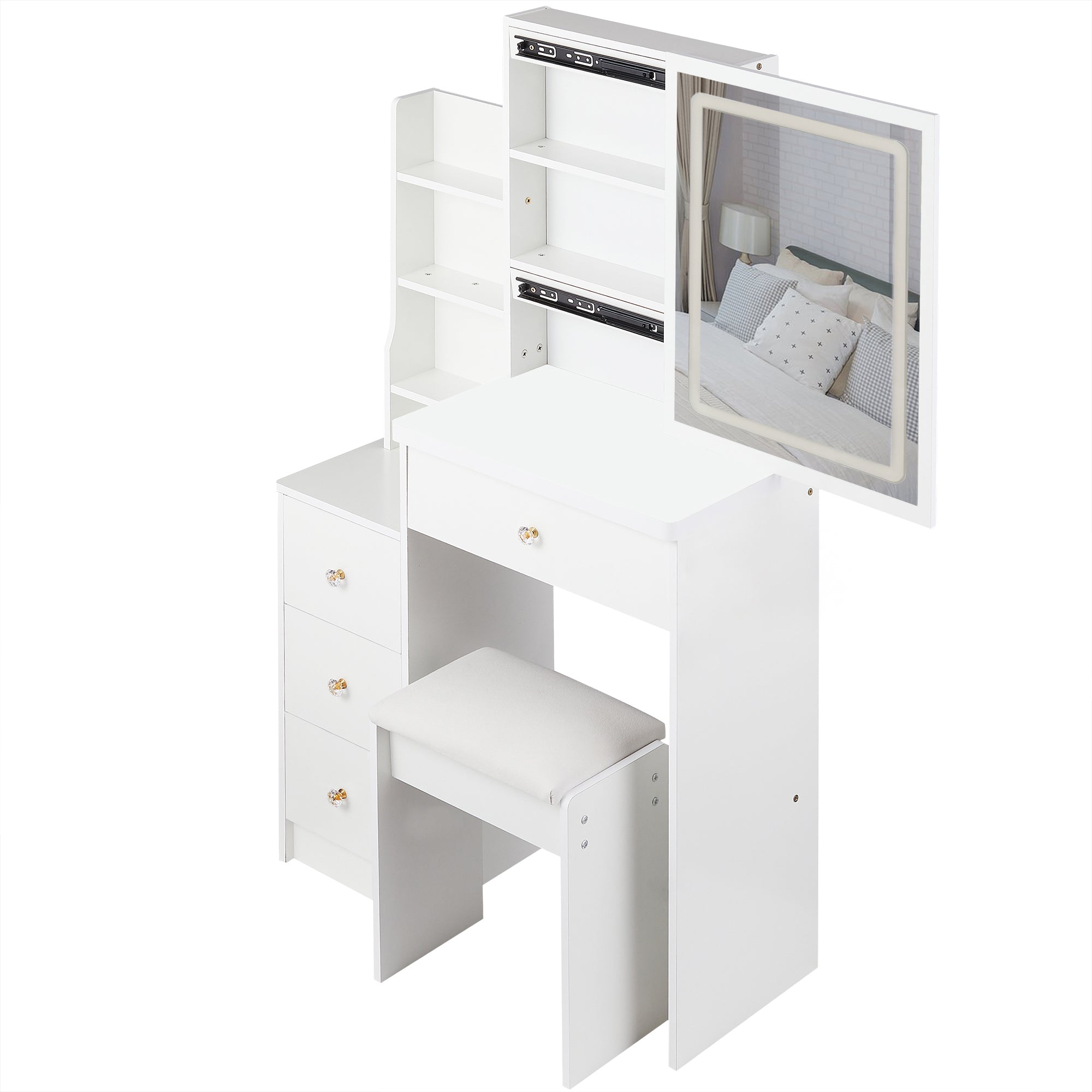 HAOYYE Small Size Left Bedside Cabinet Vanity Table + Cushioned Stool, Touch Control Sliding LED Mirror, Tri-color Switching, Brightness Adjust, Multi Layer, Suitable for Small Space, EPA,GCC,UL Certificate