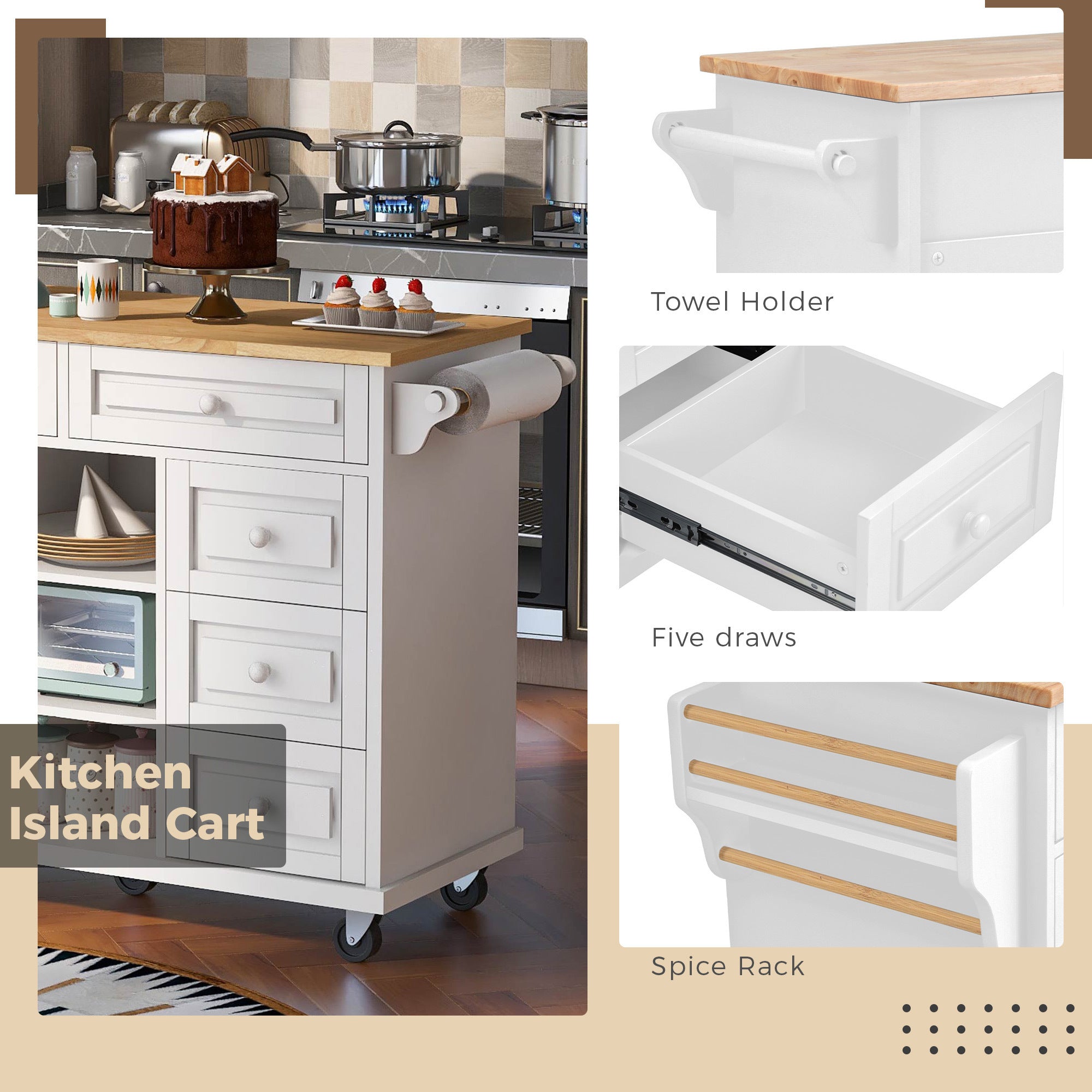 HAOYYE Kitchen cart with Rubber wood desktop rolling mobile kitchen island with storage and 5 draws 53 Inch length(White) Sturdy Space-Saving Heavy Duty Modern Design Adults Dorm Room Easy Assembly