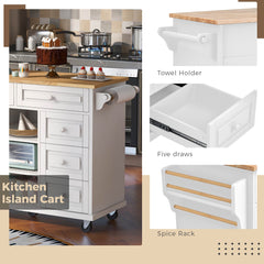 HAOYYE Kitchen cart with Rubber wood desktop rolling mobile kitchen island with storage and 5 draws 53 Inch length(White) Sturdy Space-Saving Heavy Duty Modern Design Adults Dorm Room Easy Assembly