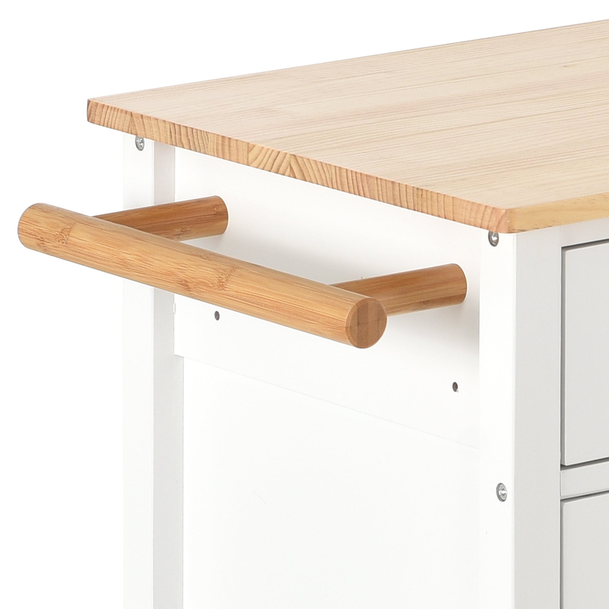 HAOYYE Kitchen Island Cart with Solid Wood Top, Locking Wheels, Four Door Cabinet, Two Drawers, Spice Rack, and Towel Rack, White, Sturdy Space-Saving Design, Heavy Duty Construction, Easy Assembly, Durable and Stylish Home Furniture