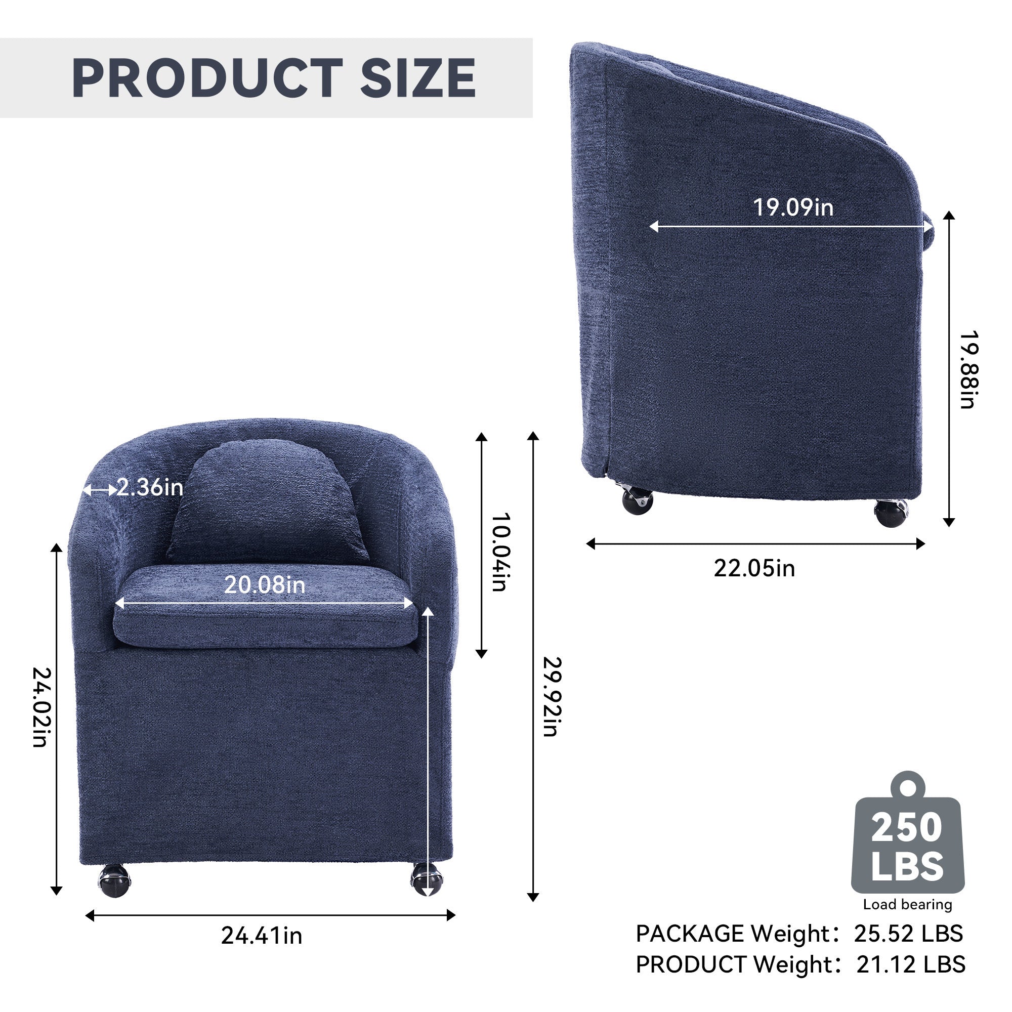 HAOYYE 059-Set of 1 Chenille Fabric Dining Armchair With Back Cushion and Universal Wheels,Blue Sturdy Space-Saving Heavy Duty Modern Design Adults Dorm Room Easy Assembly Bedroom Furniture