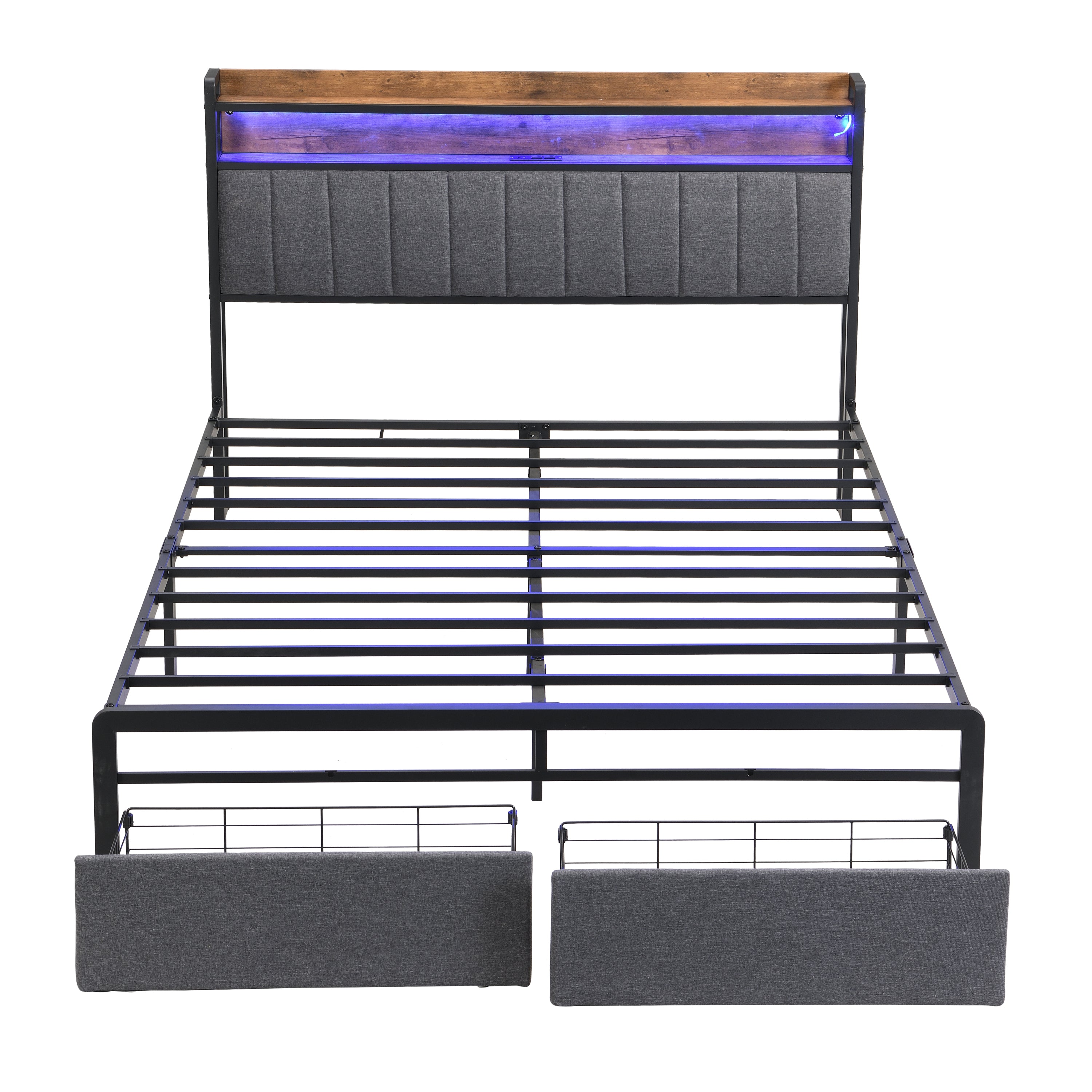 HAOYYE Queen Bed Frame with Storage Headboard and Drawers, LED Upholstered Platform Bed Frame with Built-in Charging Station, No Box Spring Needed, Easy Assembly, Sturdy and Space-Saving Design in Grey for Adults