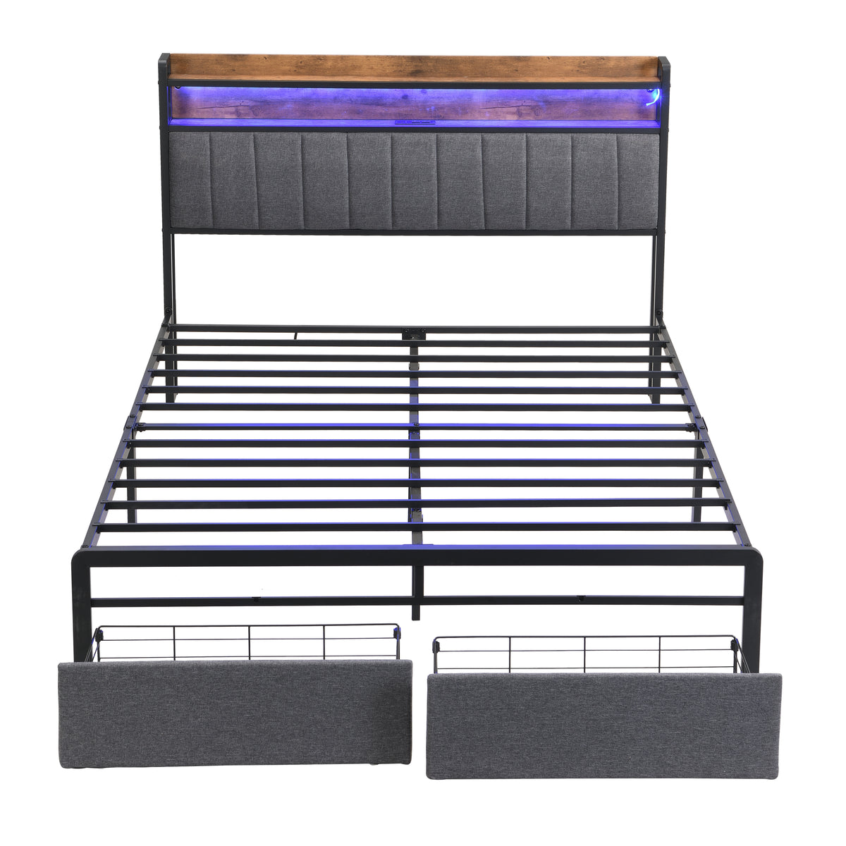 HAOYYE Queen Bed Frame with Storage Headboard and Drawers, LED Upholstered Platform Bed Frame with Built-in Charging Station, No Box Spring Needed, Easy Assembly, Sturdy and Space-Saving Design in Grey for Adults