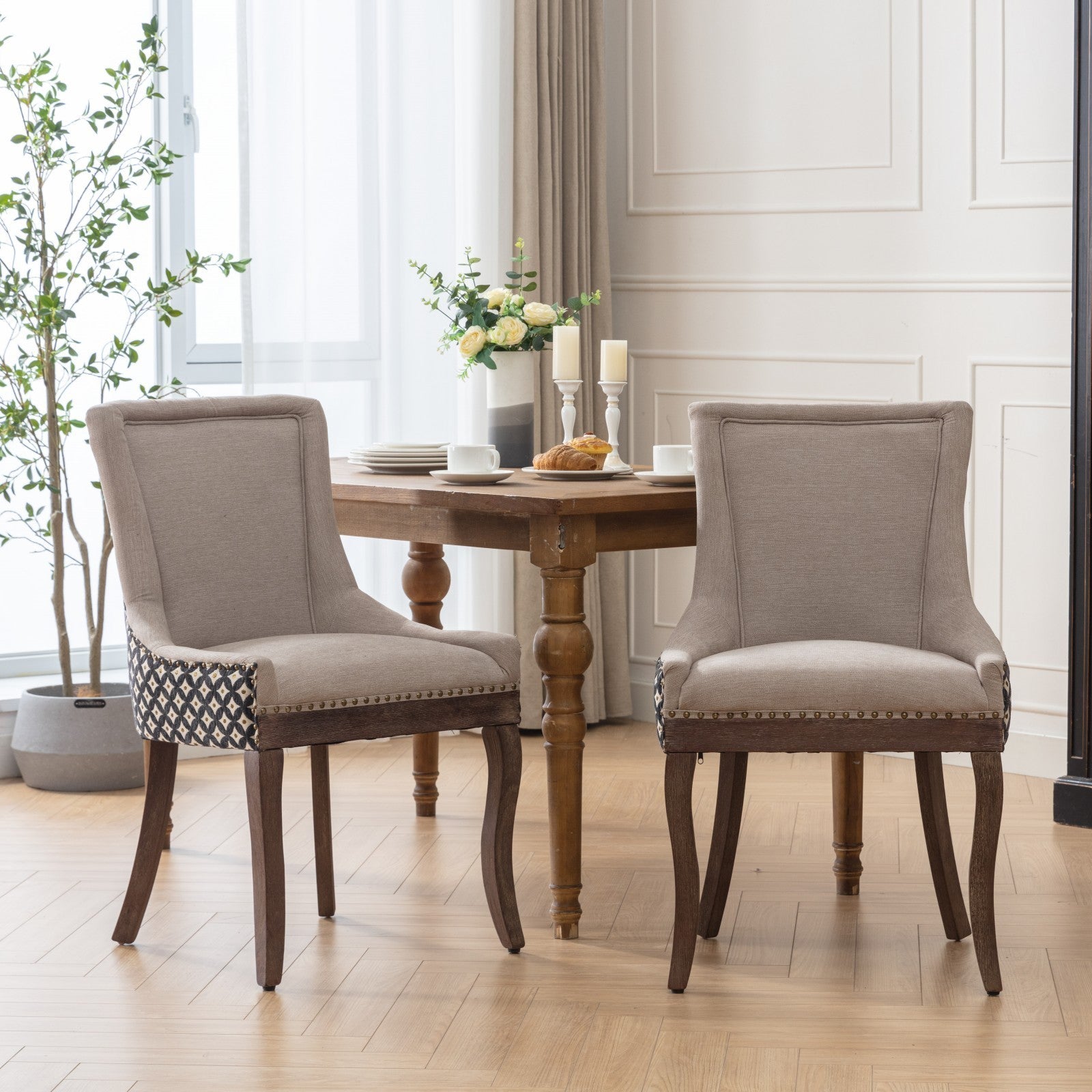 HAOYYE Ultra Side Dining Chair, Thickened fabric chairs with neutrally toned solid wood legs, Bronze nail head, Set of 2, Beige and Patterned,SW2207BG Sturdy Space-Saving Heavy Duty