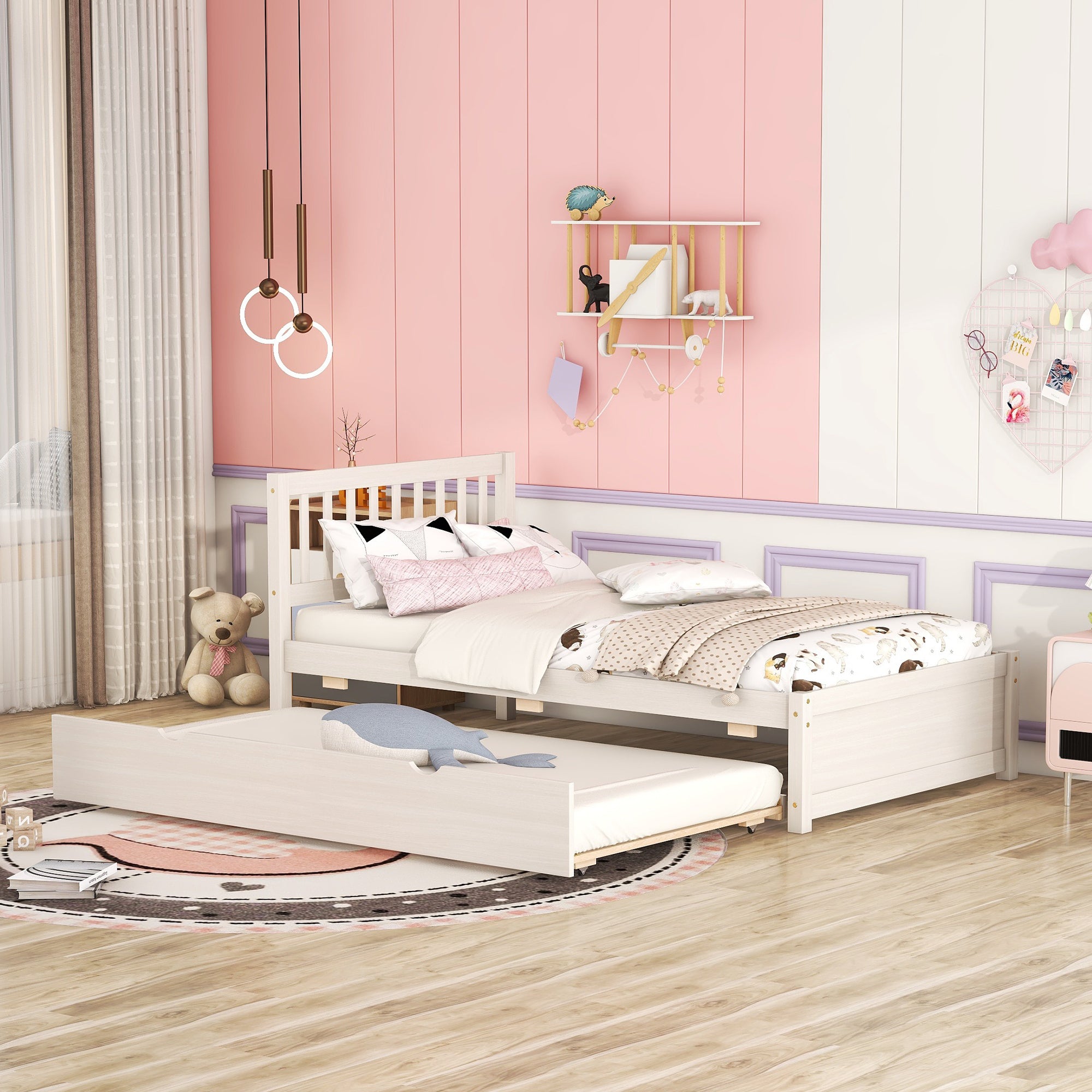 HAOYYE Wooden Twin Size Platform Bed Frame with Trundle for White Washed Color Sturdy Space-Saving Heavy Duty Modern Design Easy Assembly Durable Stylish Home Furniture Versatile
