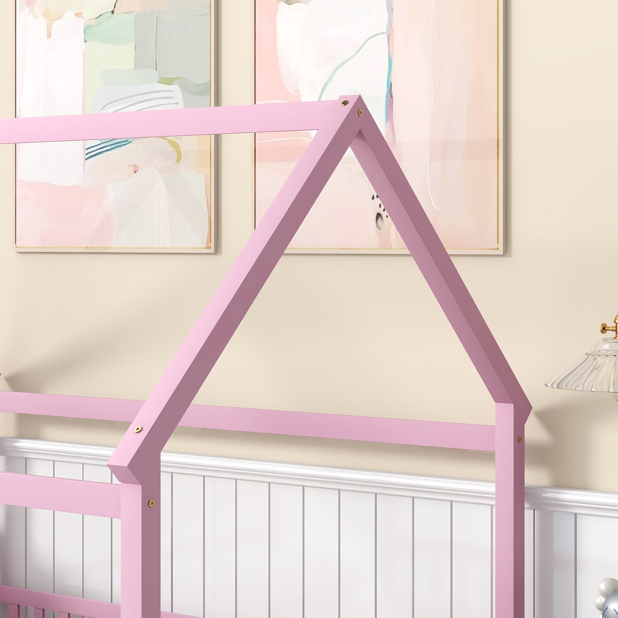 HAOYYE Full Size Floor Wooden Bed with House Roof Frame, Fence Guardrails ,Pink Sturdy Space-Saving Heavy Duty Modern Design Easy Assembly Durable Stylish Home Furniture Versatile
