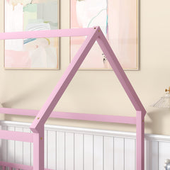HAOYYE Full Size Floor Wooden Bed with House Roof Frame, Fence Guardrails ,Pink Sturdy Space-Saving Heavy Duty Modern Design Easy Assembly Durable Stylish Home Furniture Versatile