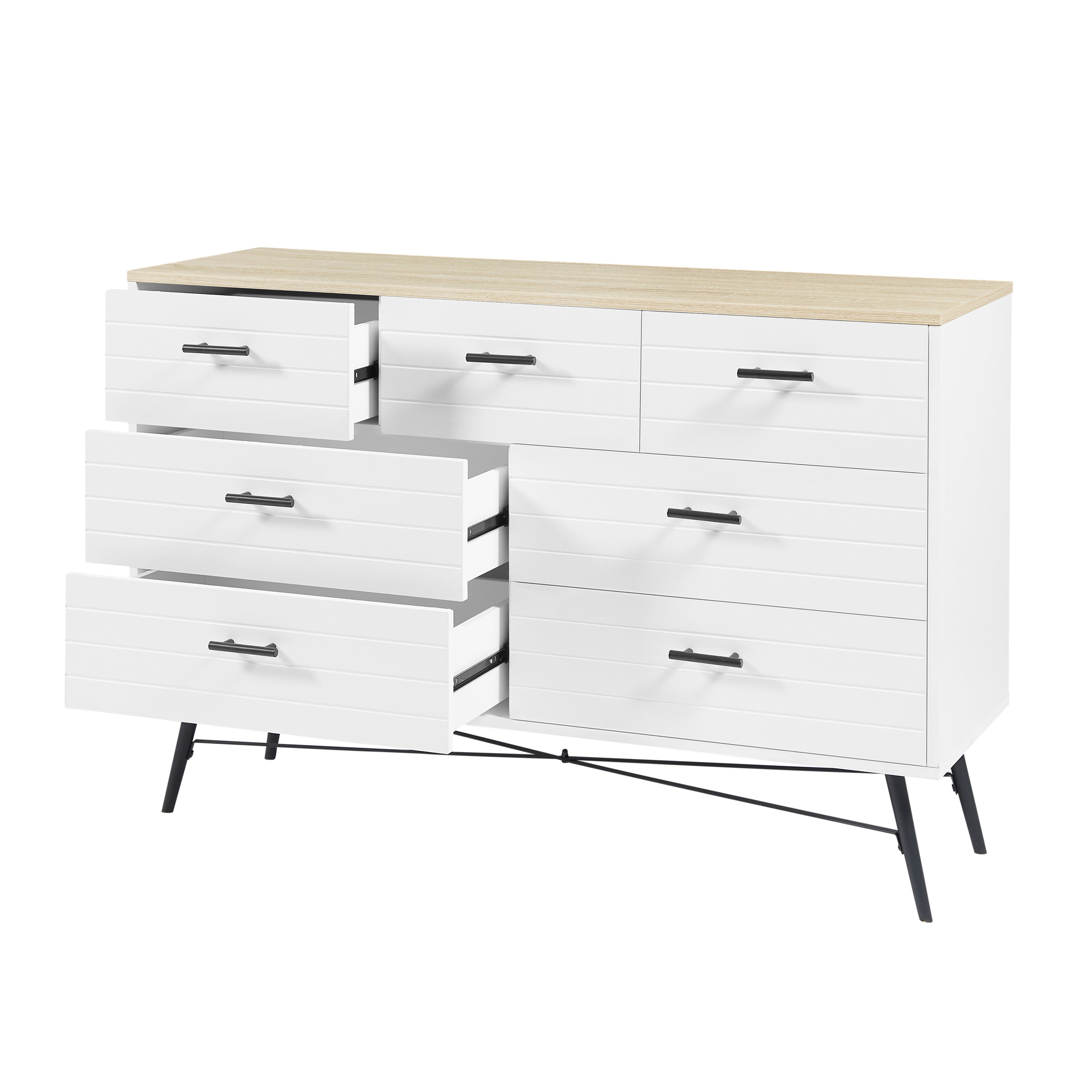HAOYYE 7-Drawer Dresser for Bedroom with Deep Drawers, Modern White Wood Chest of Drawers, Long Storage Dresser for Closet and Living Room, White & Oak, Sturdy Space-Saving Design, Ideal for Organizing Clothes and Essentials