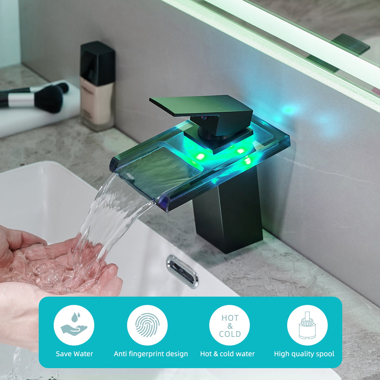 HAOYYE Bathroom Sink Faucet LED Light 3 Colors Changing Waterfall Glass Spout Hot Cold Water Mixer Single Handle One Hole Deck Mounted Bathroom Faucet Black Lavatory Vanity Basin Bath Plumbing Fixtures