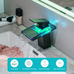 HAOYYE Bathroom Sink Faucet LED Light 3 Colors Changing Waterfall Glass Spout Hot Cold Water Mixer Single Handle One Hole Deck Mounted Bathroom Faucet Black Lavatory Vanity Basin Bath Plumbing Fixtures
