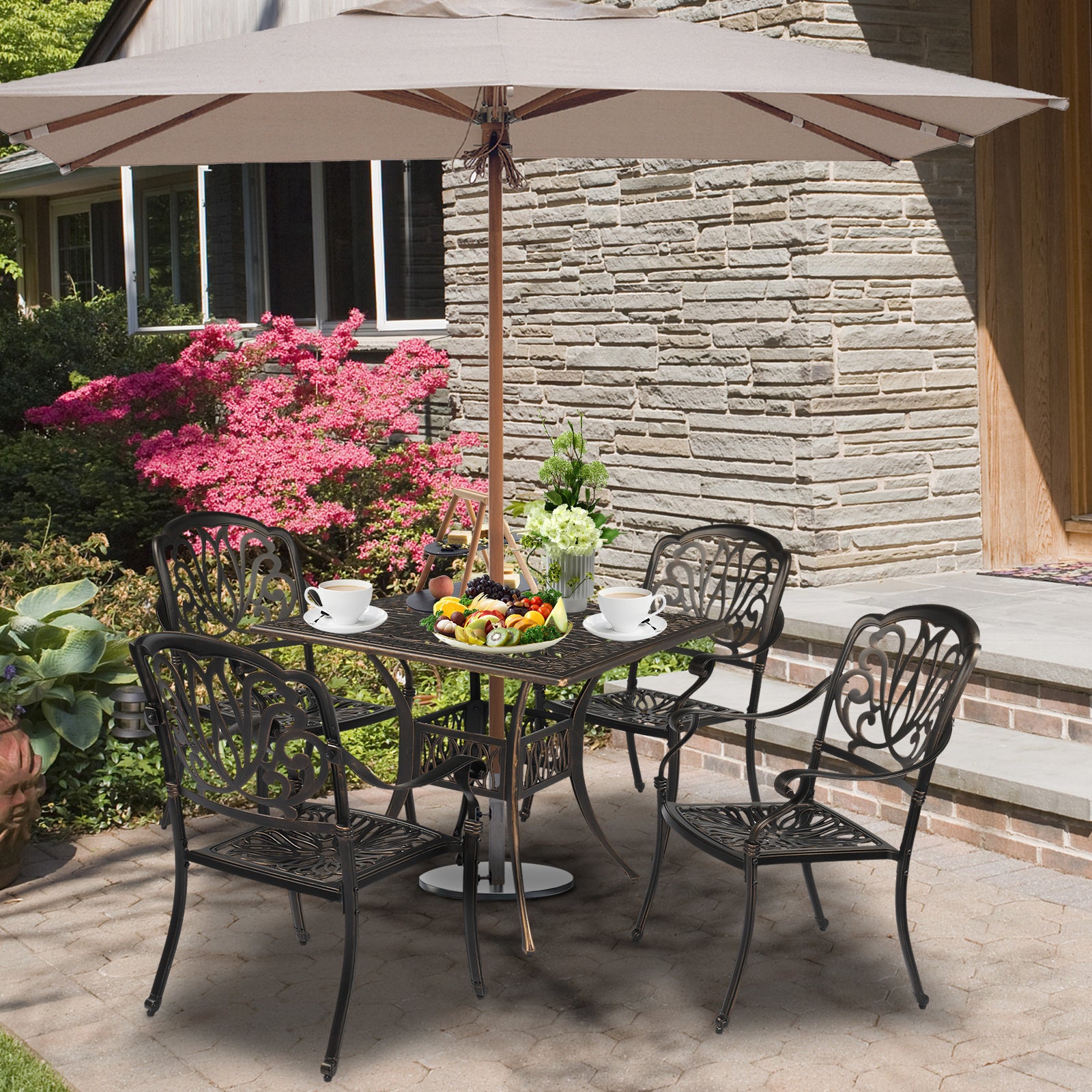 HAOYYE Cast Aluminum Patio Table Bronze Outdoor Square Bistro Table Weather Resistant Courtyard Garden Table with Vintage Style Design for Balcony Backyard Deck Porch