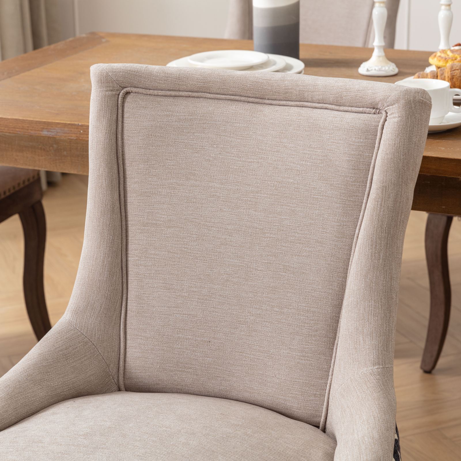 HAOYYE Ultra Side Dining Chair, Thickened fabric chairs with neutrally toned solid wood legs, Bronze nail head, Set of 2, Beige and Patterned,SW2207BG Sturdy Space-Saving Heavy Duty