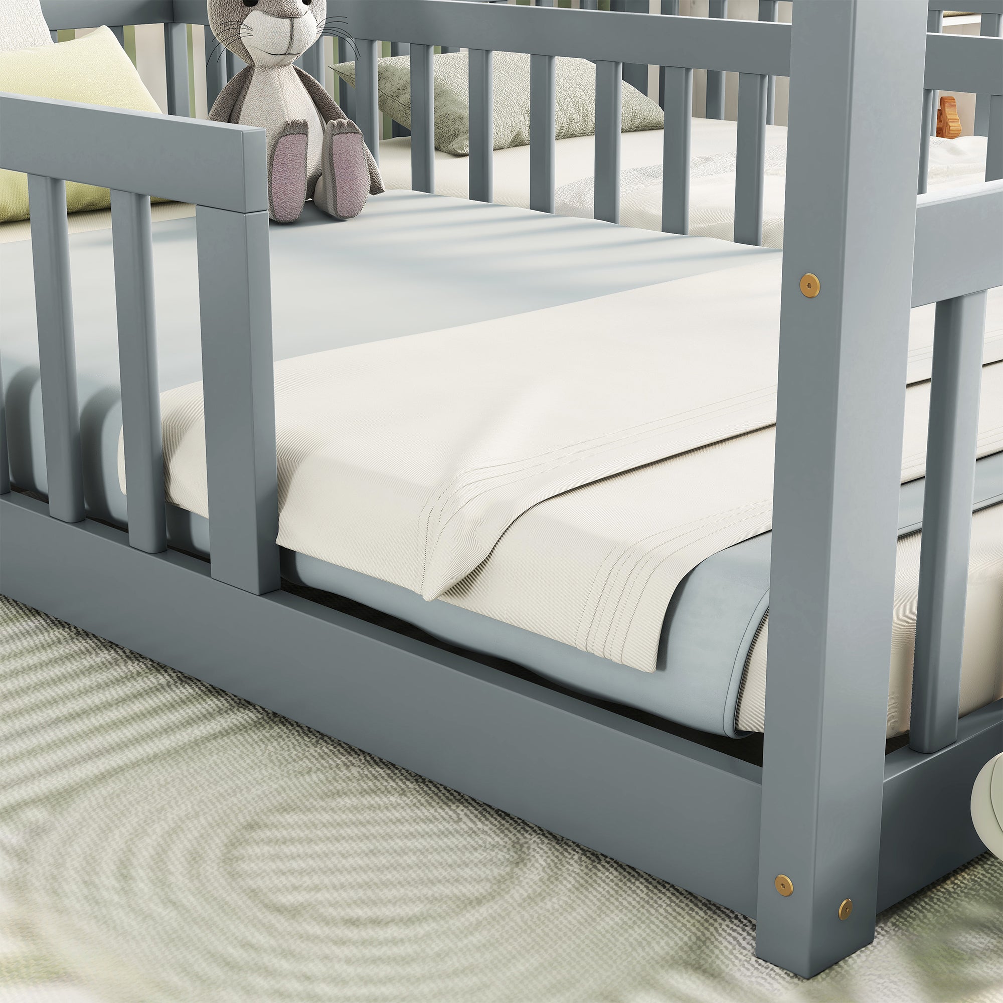 HAOYYE Double Twin House-Style Floor Bed with Fence, Guardrails, without door, Grey Sturdy Space-Saving Heavy Duty Modern Design Adults Dorm Room Easy Assembly Bedroom Furniture