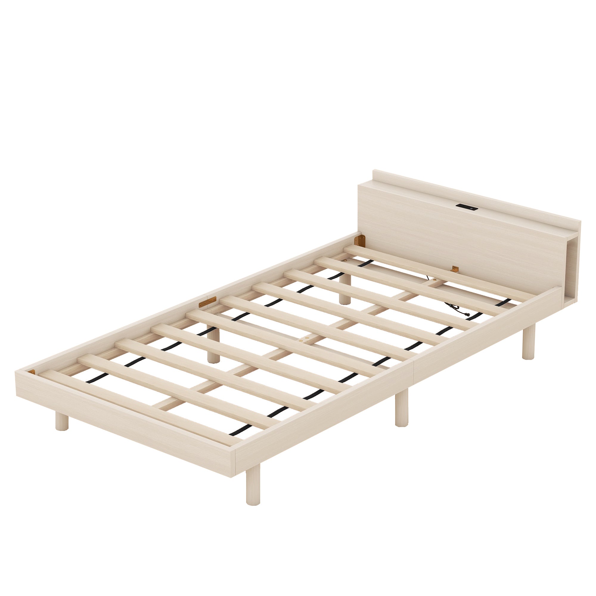 HAOYYE Modern Design Twin Size Platform Bed Frame with Built-in USB Ports for White Washed Color Sturdy Space-Saving Heavy Duty Adults Dorm Room Easy Assembly Bedroom Furniture