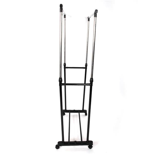 HAOYYE Dual-Bar Adjustable Clothes Rack with Shoe Shelf, Black & Silver, Durable Space-Saving Organizer for Closet and Bedroom, Vertical & Horizontal Stretching Design, Premium Quality, Stylish Modern Look, Versatile Use, Sturdy Construction