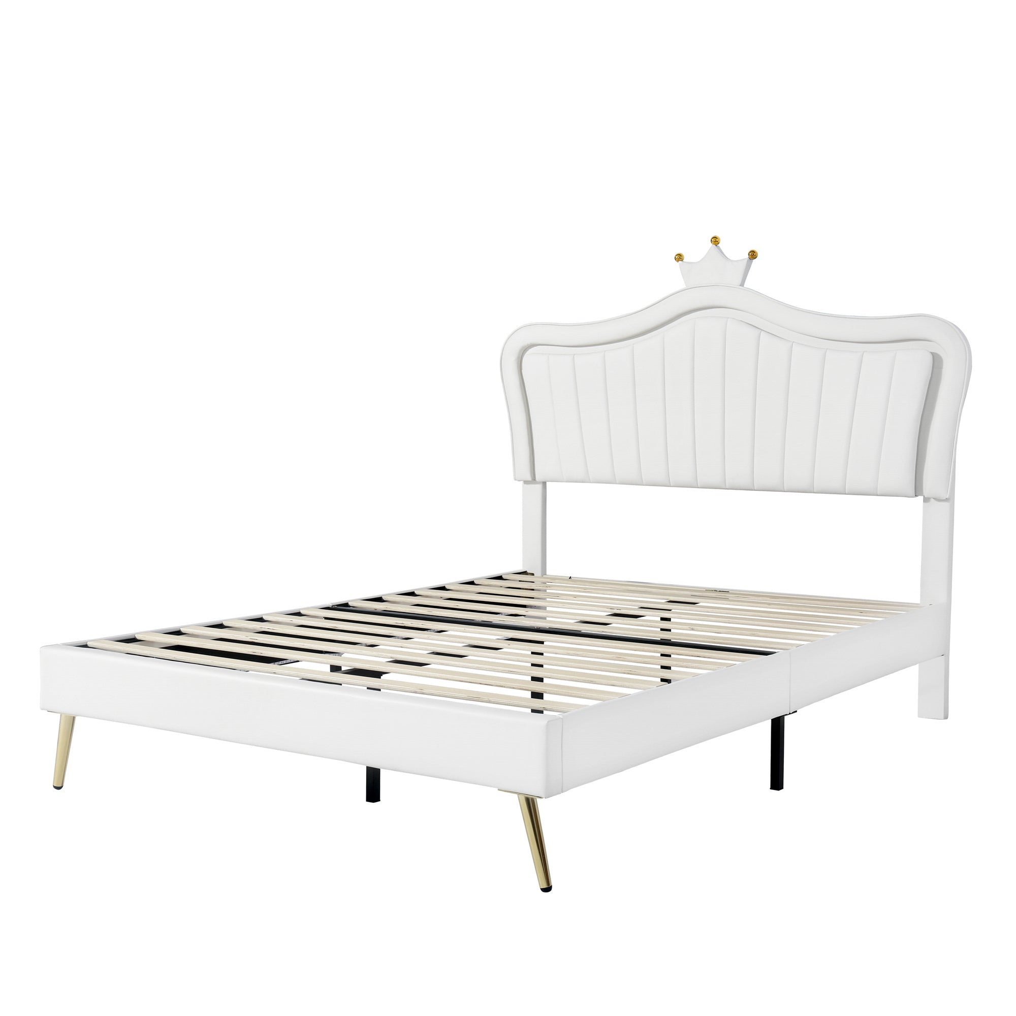 HAOYYE Queen Size Upholstered Bed Frame with LED Lights,Modern Upholstered Princess Bed With Crown Headboard,White Sturdy Space-Saving Heavy Duty Modern Design Adults Dorm Room Easy Assembly