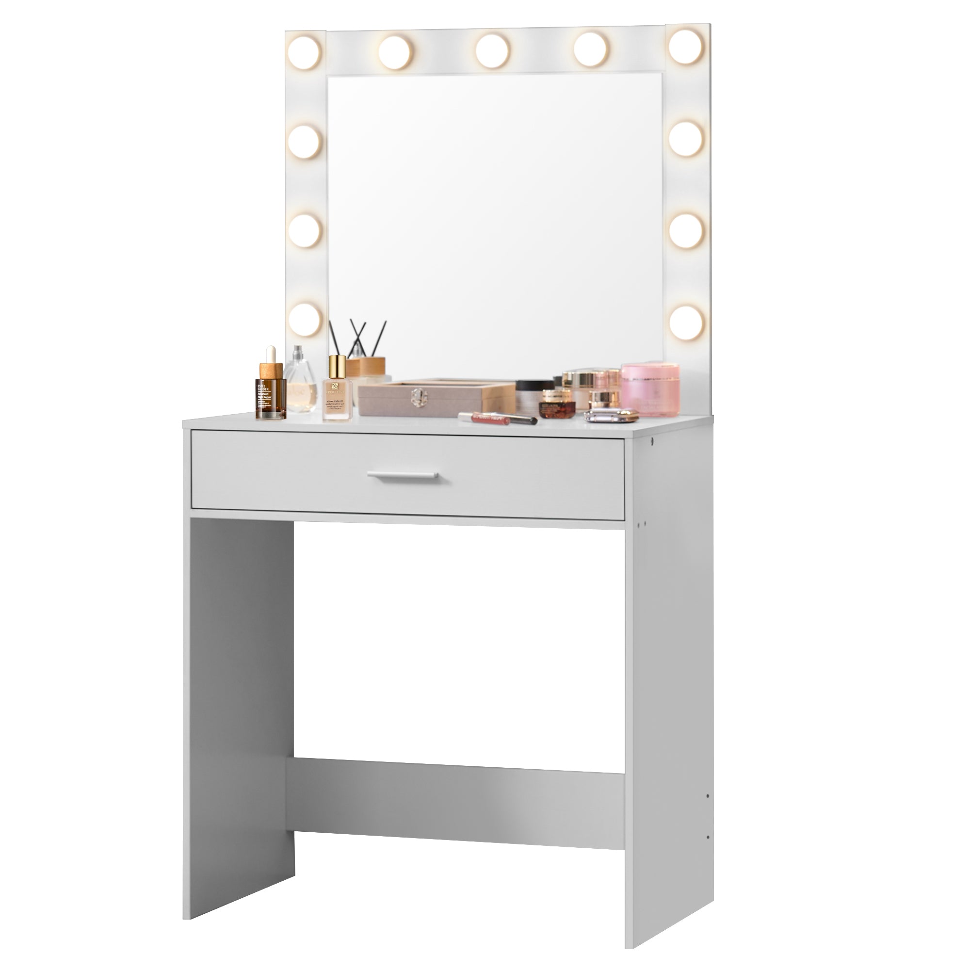 HAOYYE Vanity Desk with Mirror and Lights, Dressing Table with Large Drawer, 1 Level Storage Dresser & 3 Lighting Modes Adjustable Brightness, Suitable for Bedroom(White)