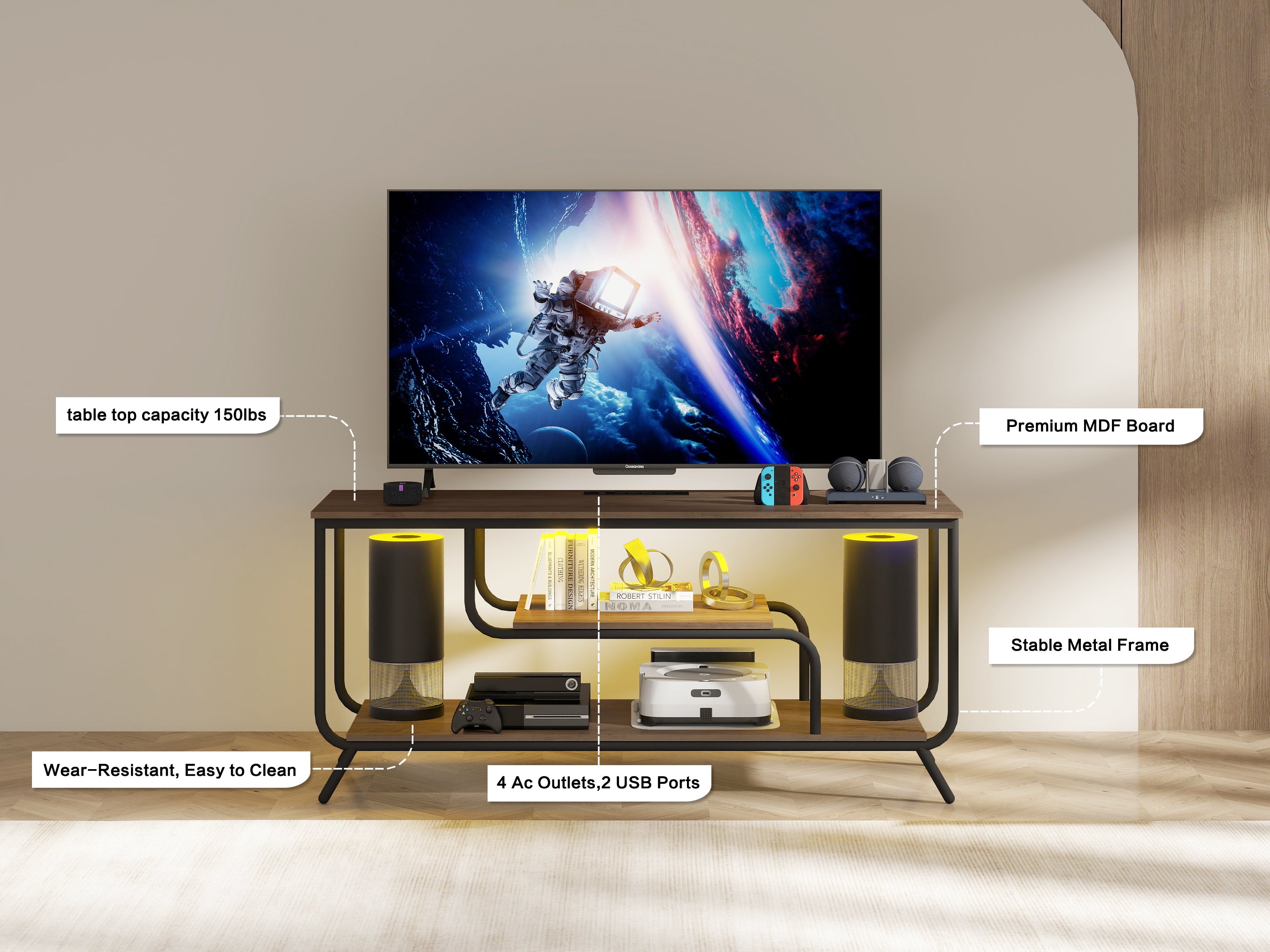 HAOYYE Modern TV Stand With Power Outlets And LED Lights, Entertainment Center With Shelves, TV Console Table For Living Room And Bedroom, Light Gray Sturdy Space-Saving Heavy Duty Design