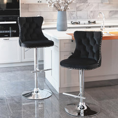 HAOYYE Adjustable Swivel Velvet Barstools with Tufted Backs, Seat Height 25-33 Inches, Chrome Base, Comfortable Upholstered Modern Design for Kitchen Island or Home Pub, Black