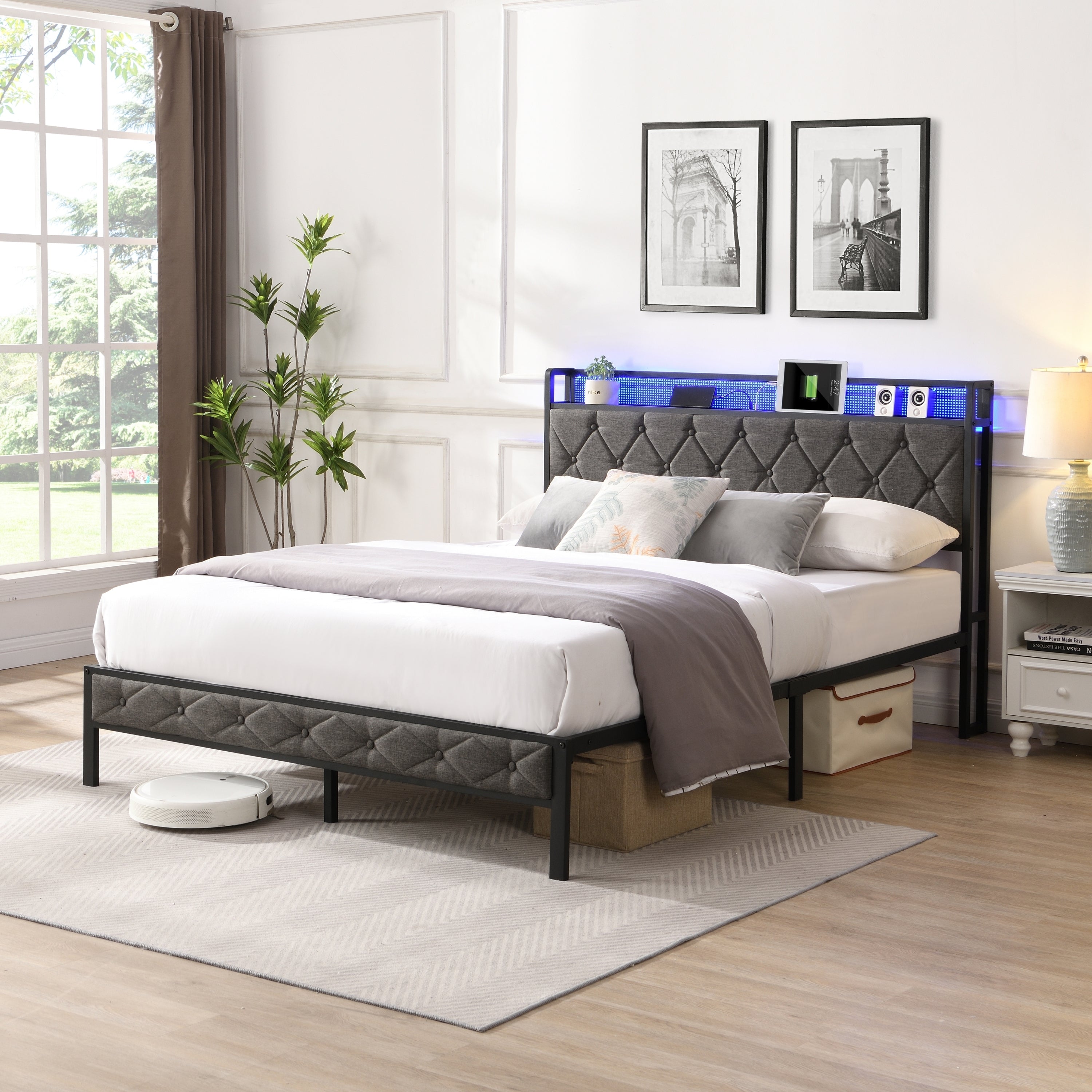 HAOYYE Full Bed Frame with Storage Headboard, Charging Station and LED Lights, Upholstered Platform Bed with Heavy Metal Slats, No Box Spring Needed, Noise Free, Easy Assembly, Dark Gray Sturdy Space-Saving