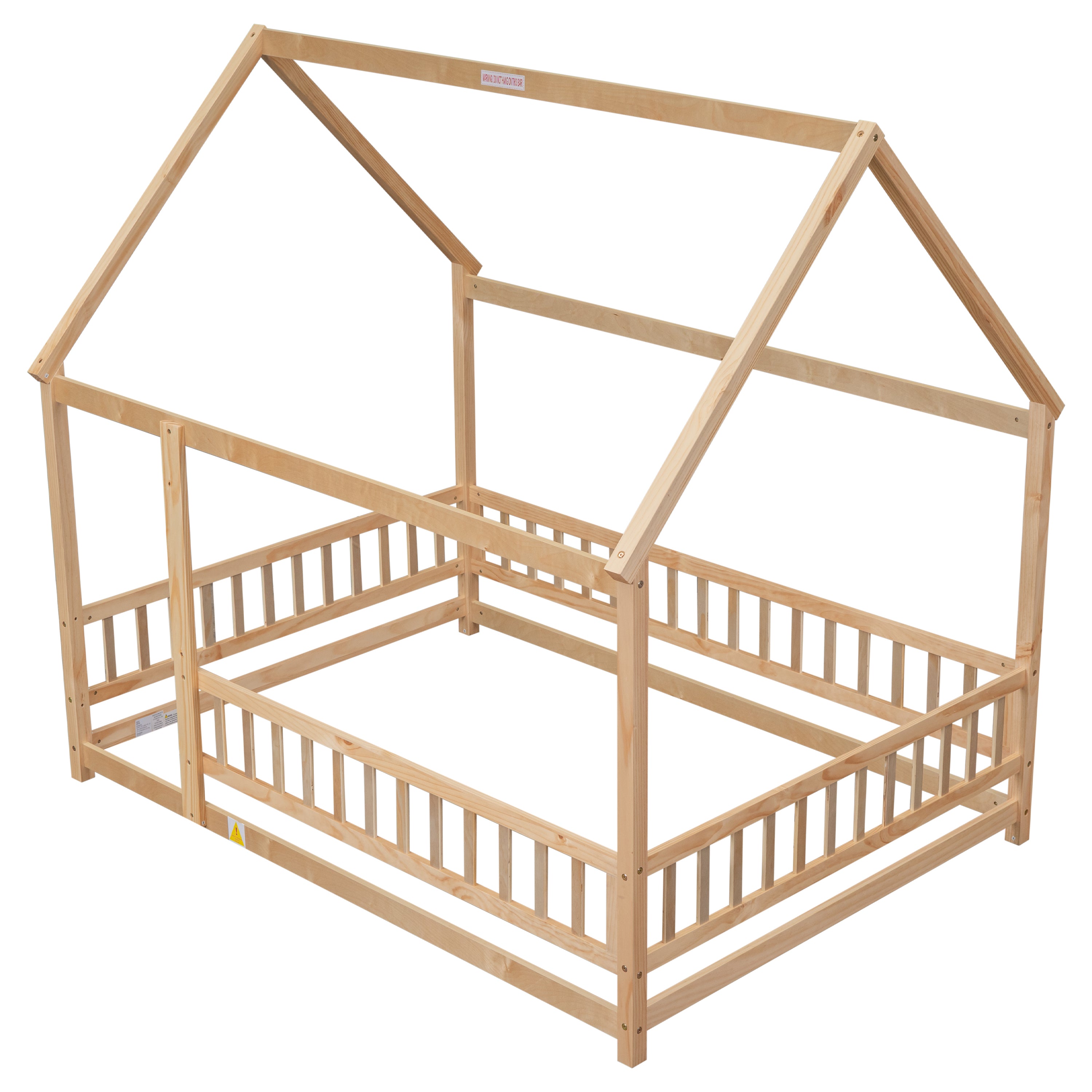 HAOYYE Full Size Floor Wooden Bed with House Roof Frame, Fence Guardrails ,Nartural Sturdy Space-Saving Heavy Duty Modern Design Adults Dorm Room Easy Assembly Bedroom Furniture