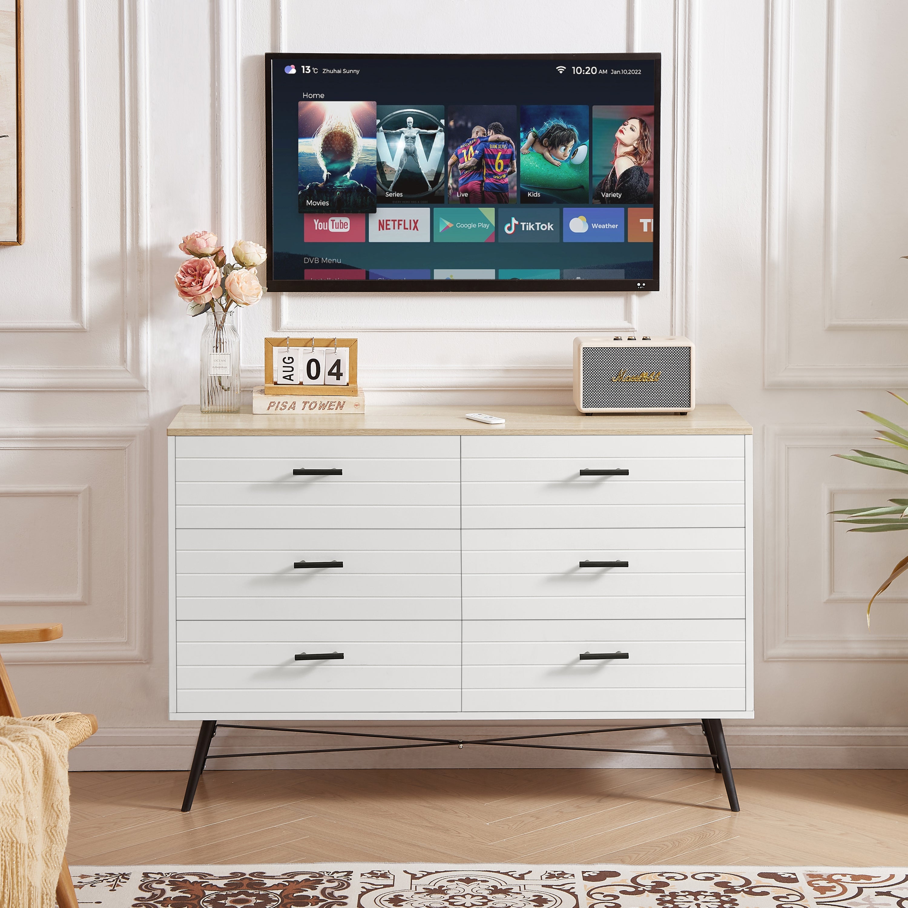 HAOYYE Modern 6-Drawer Dresser for Bedroom, Sturdy White & Oak Wood Chest of Drawers, Deep Storage for Living Room and Closet, Space-Saving Design